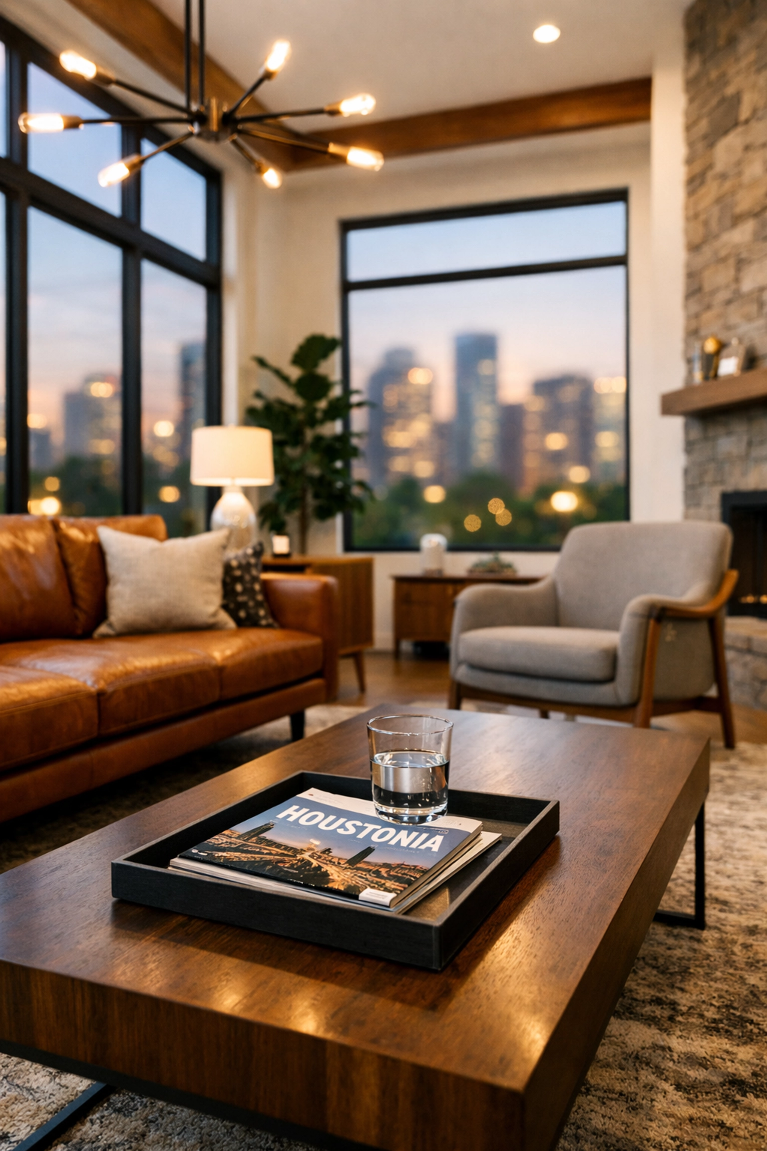 Modern living room of a high-yield Houston short-term rental property with views of the skyline.