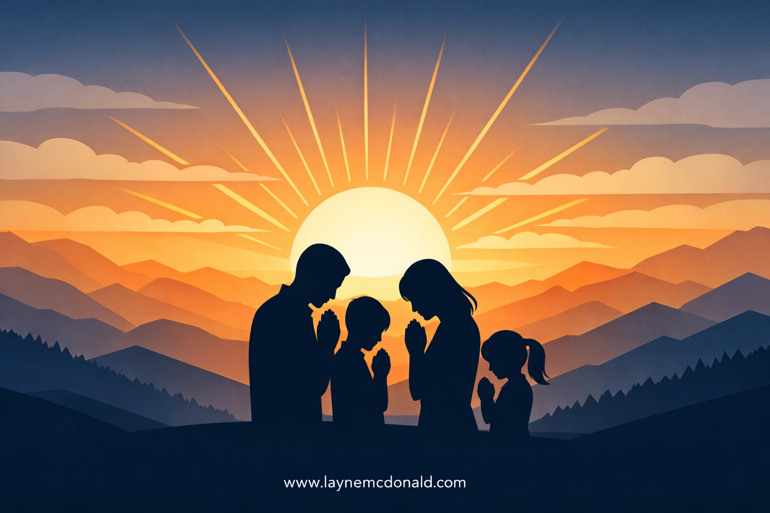 Family silhouettes praying at dawn to seek divine healing and spiritual restoration.