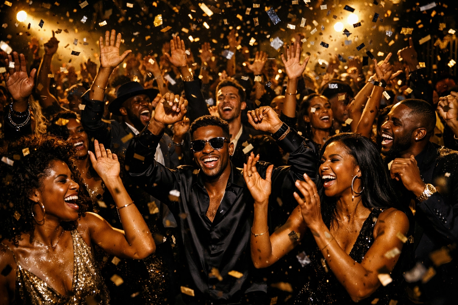 A packed dance floor at a high-energy private party with celebrating guests and confetti.