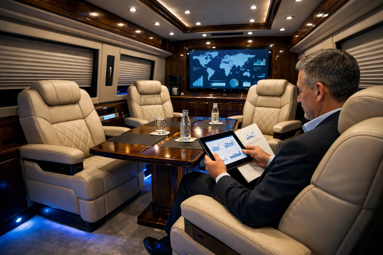 Looking for Super Bowl Logistics Tips? Here Are 10 Things You Should Know for a Smooth Executive Arrival Executive Sprinter van interior with a mobile boardroom setup for high-stakes corporate travel comfort.