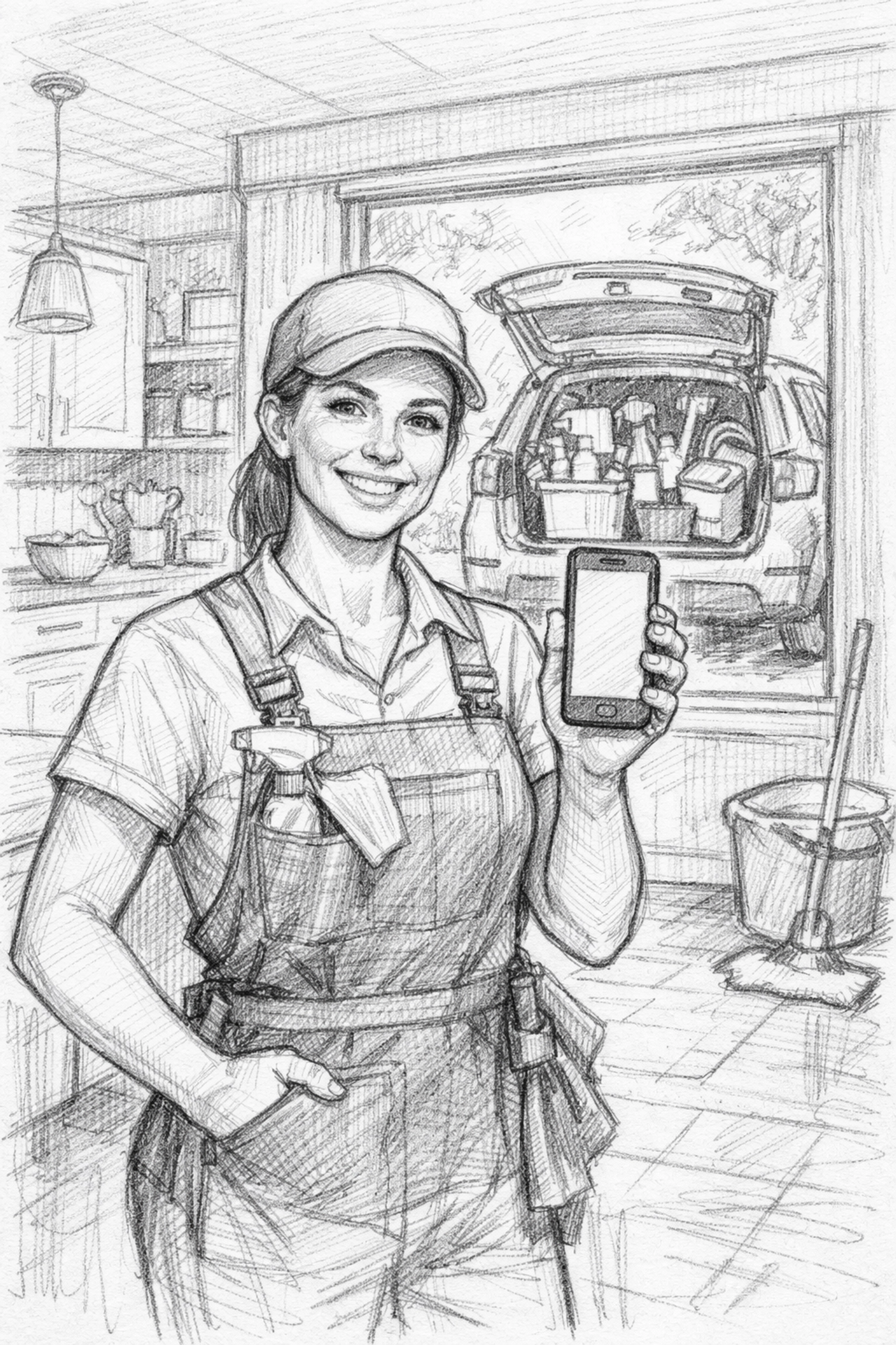 Professional cleaner using smartphone booking system in front of clean modern home