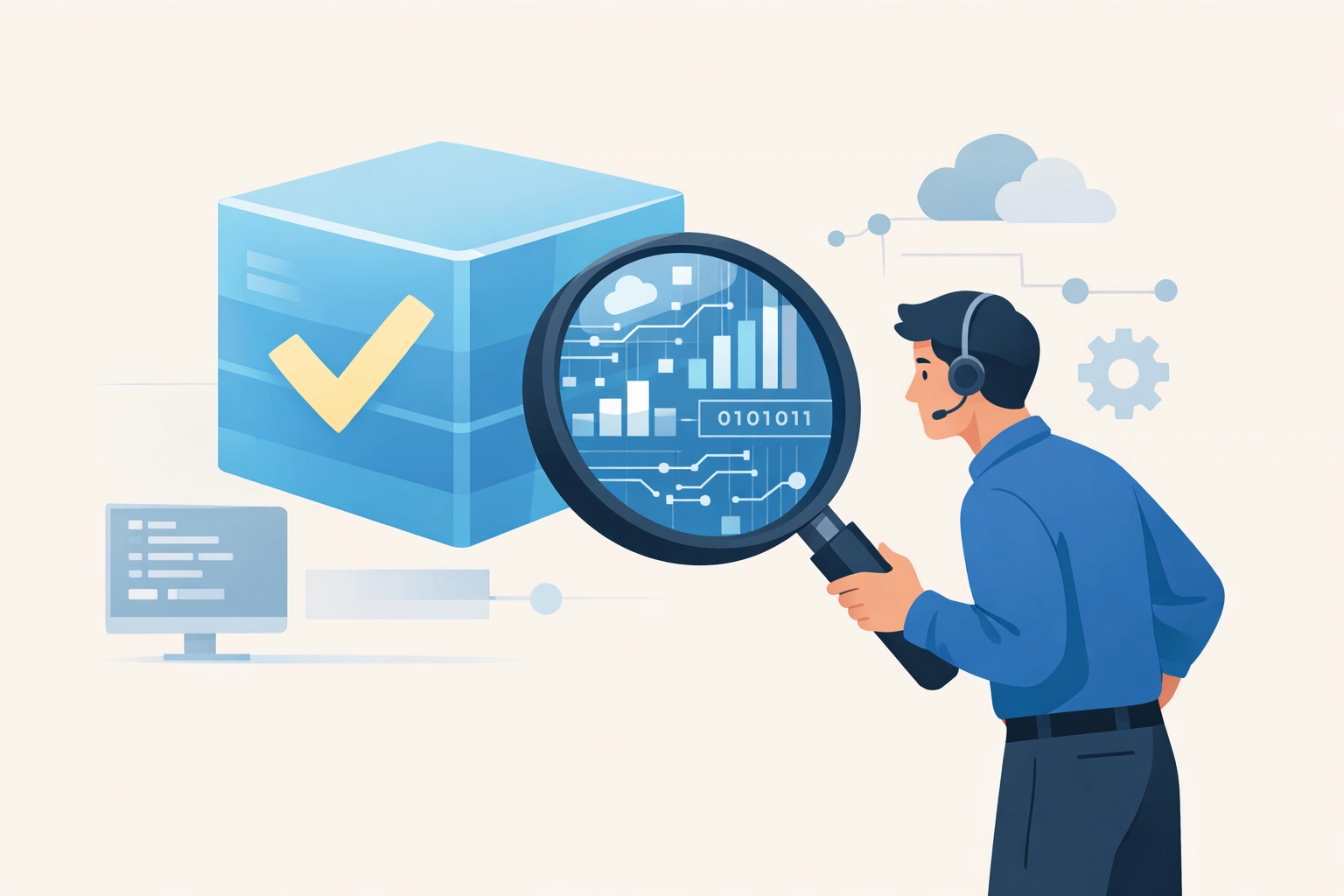 IT professional verifying data backup integrity with a magnifying glass to prevent ransomware failure.