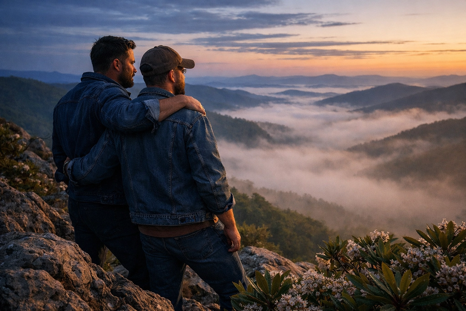 A gay couple standing on an Appalachian ridge at dawn, symbolizing resilience and rural queer love stories.