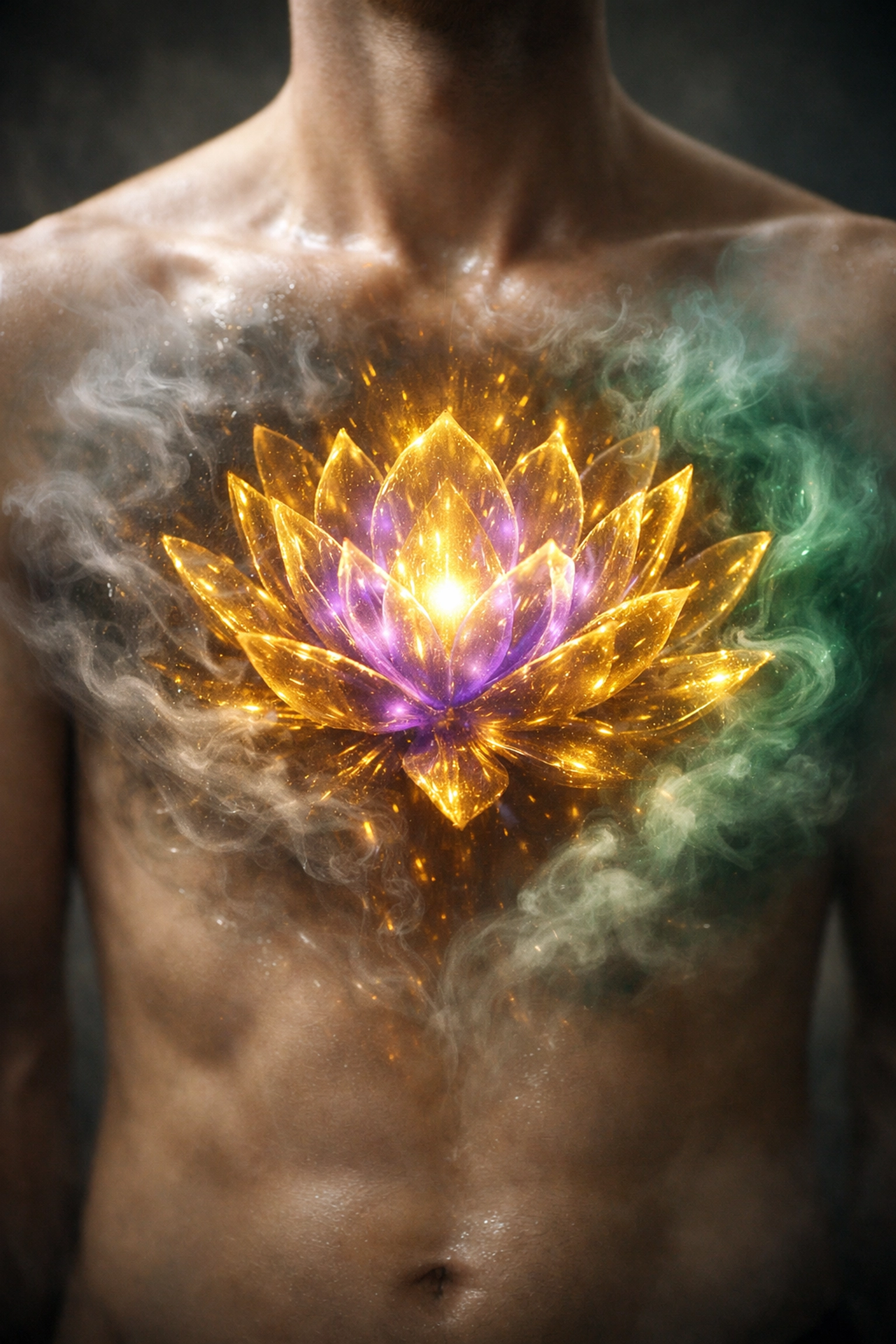 A glowing lotus flower inside a chest symbolizing the capacity to feel and how to heal myself.