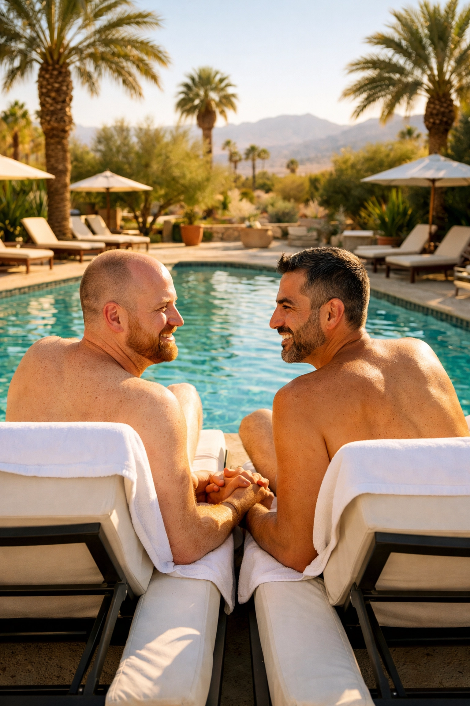 Gay couple relaxing poolside at Palm Springs clothing-optional resort