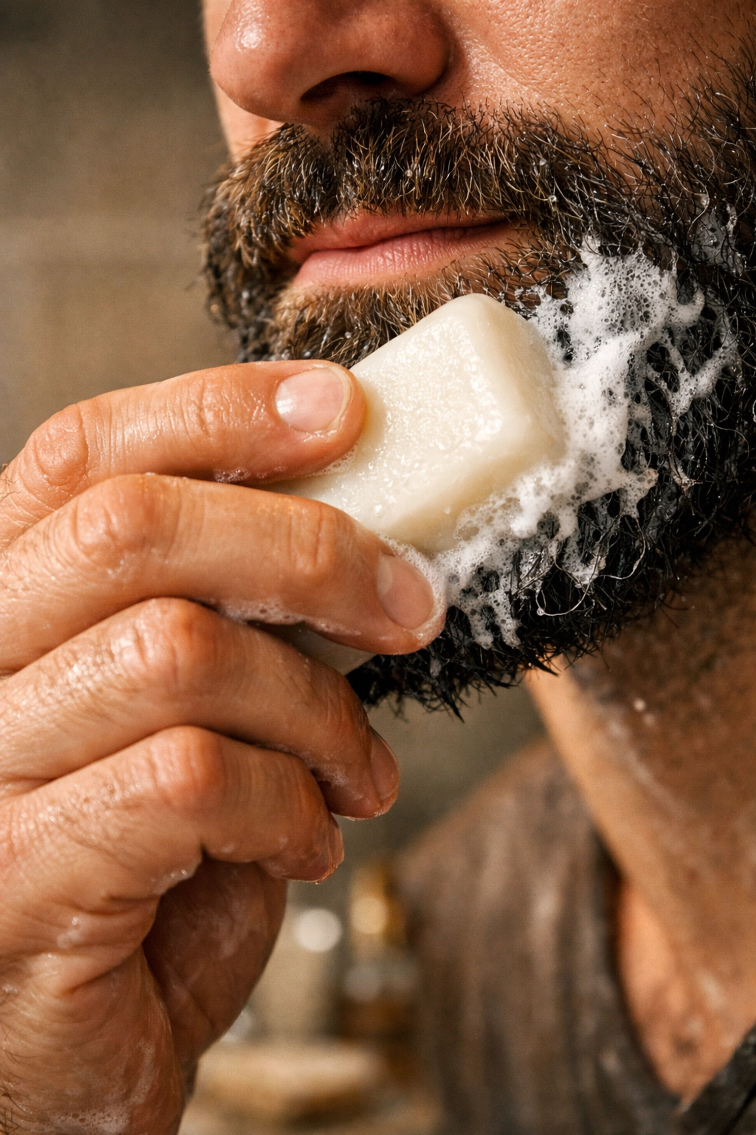 Hands applying a solid beard wash bar to a wet beard, creating a rich and creamy cleansing lather.