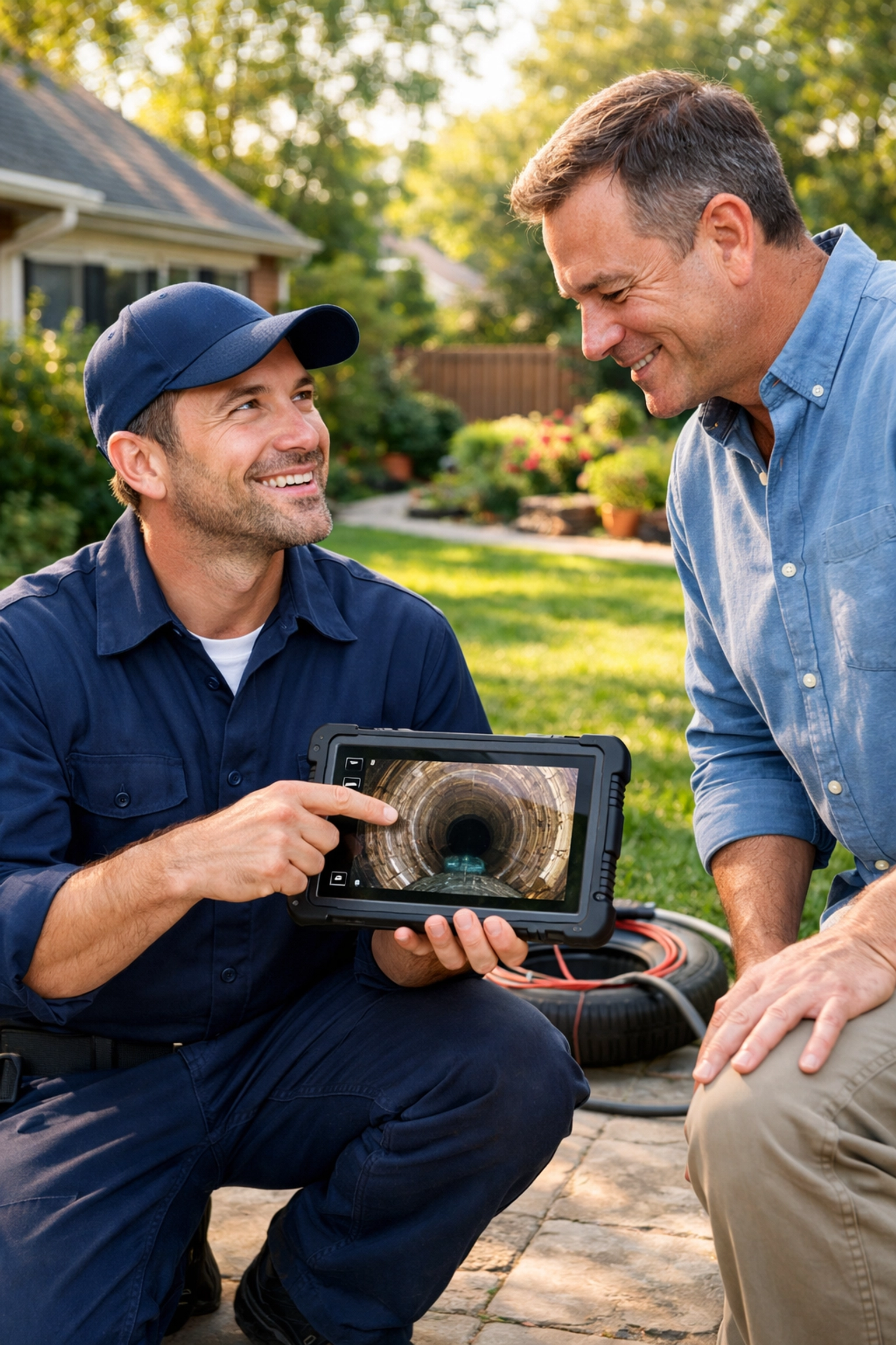A professional technician showing a homeowner results from a sewer line camera inspection in Philadelphia.