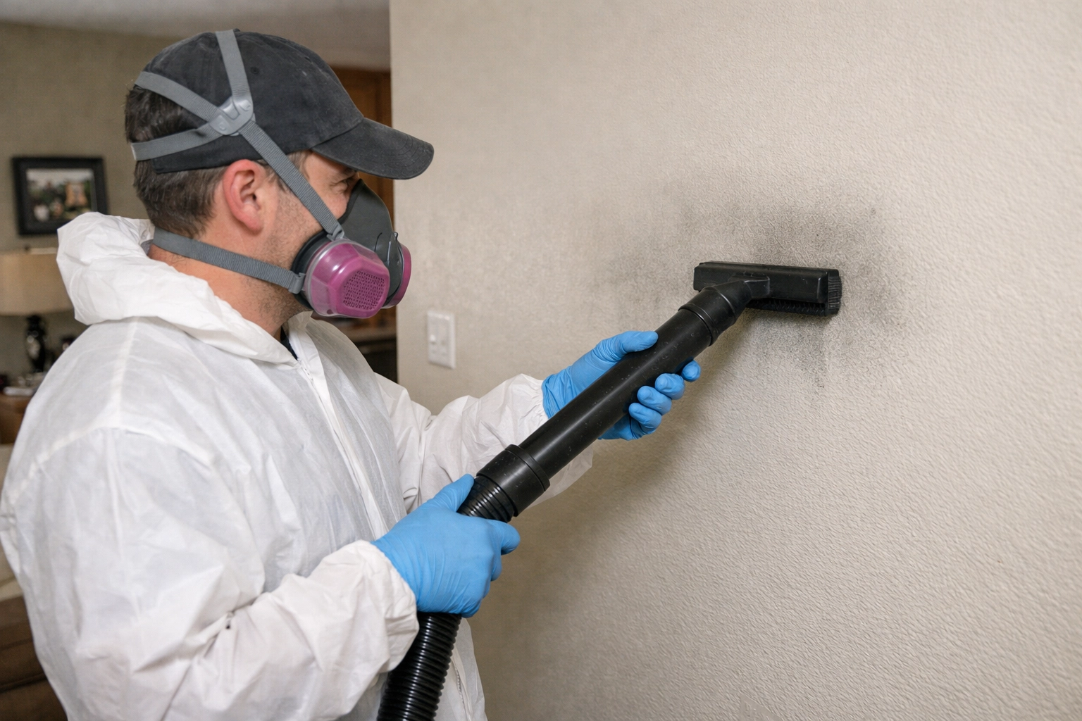 Restoration technician using a HEPA vacuum for soot cleanup services in a Charlotte area home.