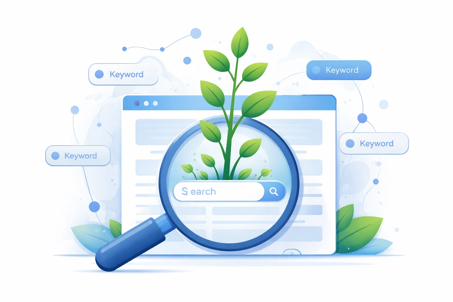 Graphic of a magnifying glass over a website with plants growing, representing organic search growth and SEO success