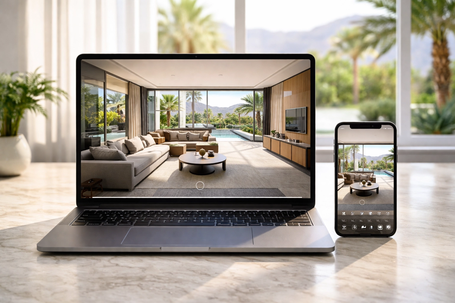 3D Matterport virtual home tour displayed on laptop and smartphone showing luxury desert property