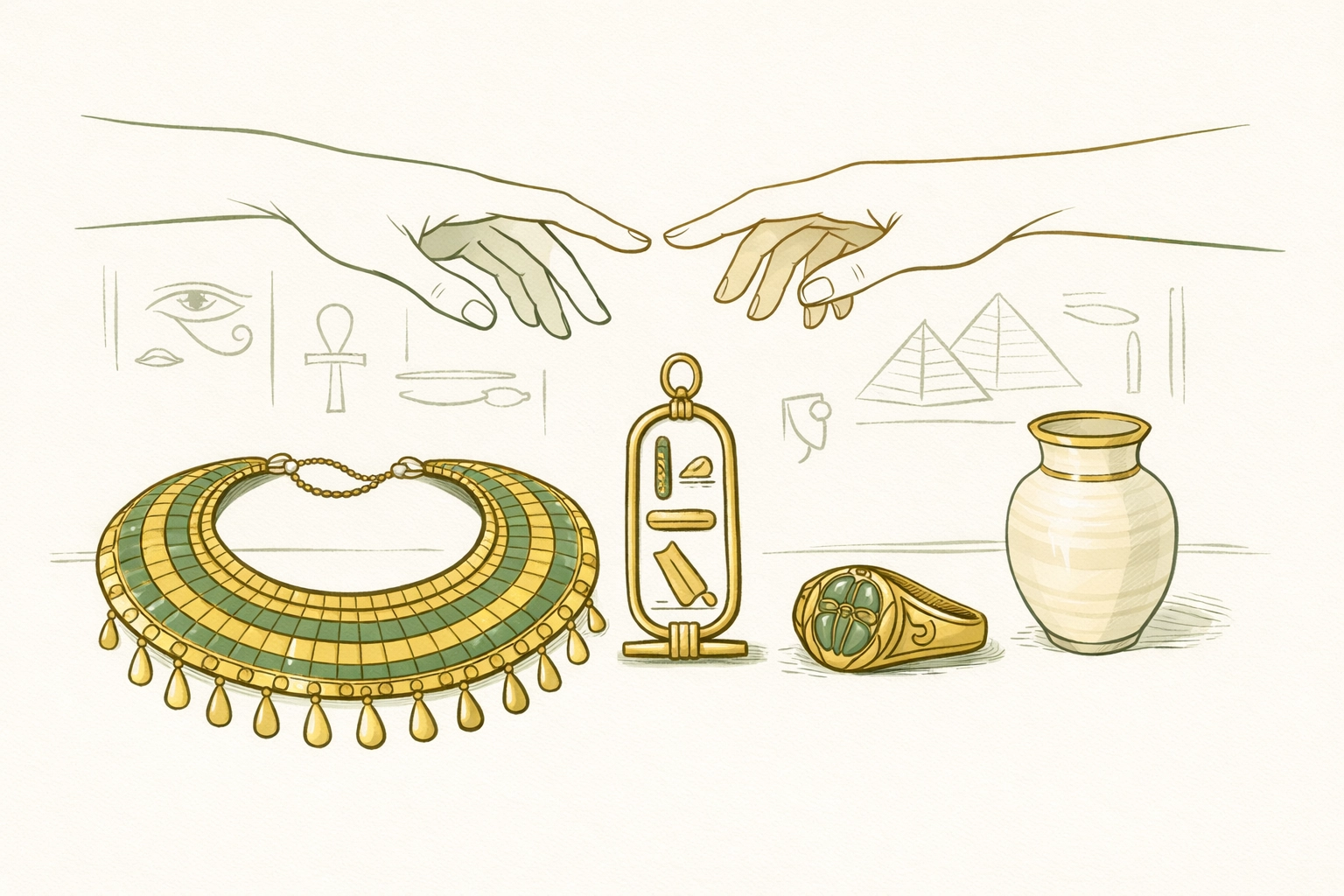 Golden Egyptian royal jewelry with two male hands reaching for connection, symbolizing forbidden palace romance