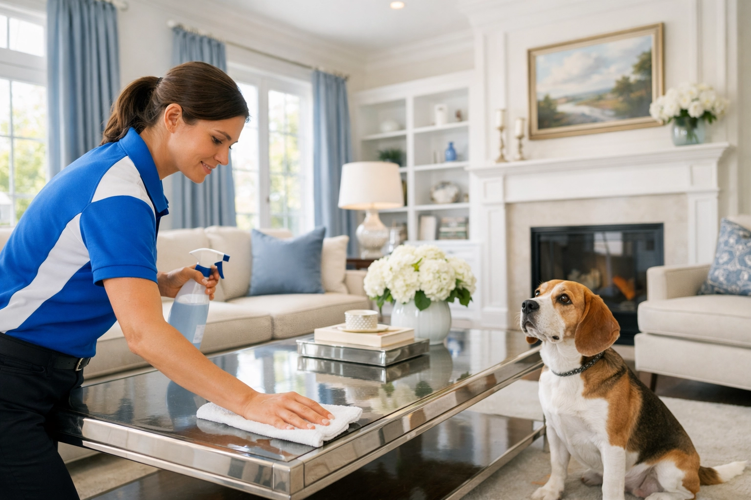 Professional house cleaner tidying a luxury Lincoln home near a friendly Beagle pet.