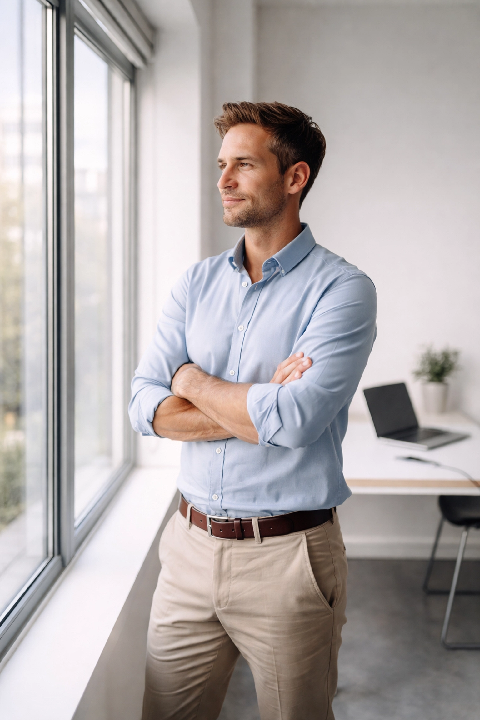 Confident small business owner looks out office window, representing the mindset shift to leadership and smart delegation