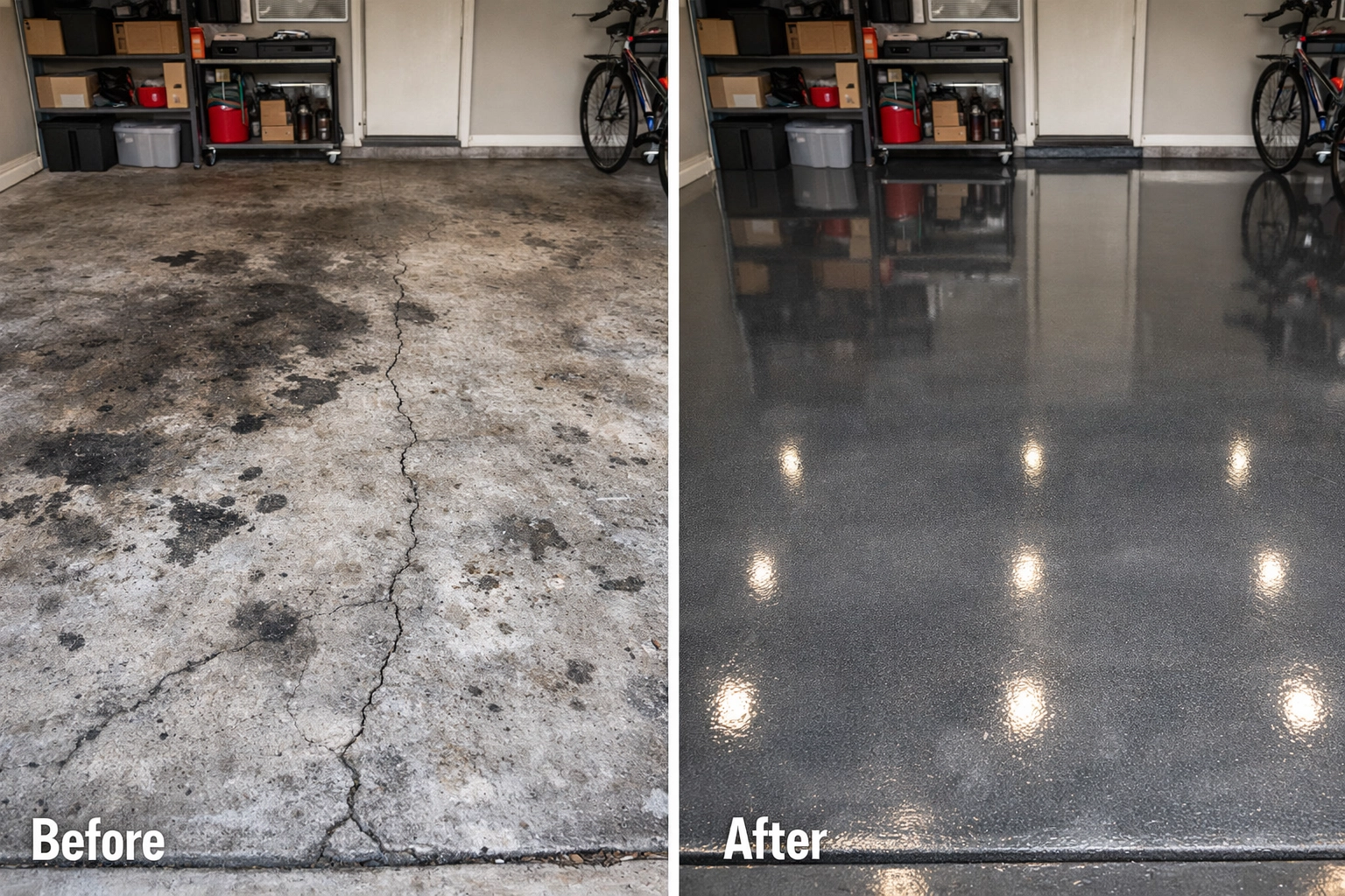 Garage floor before and after comparison showing polyaspartic coating transformation