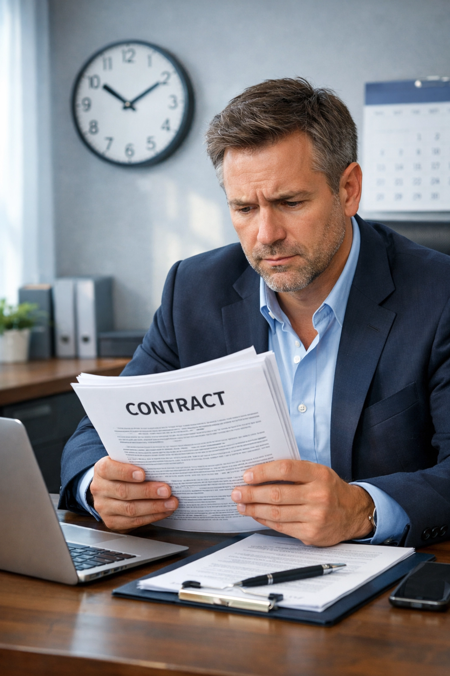 Business owner reviewing managed IT services contract with concerned expression at desk