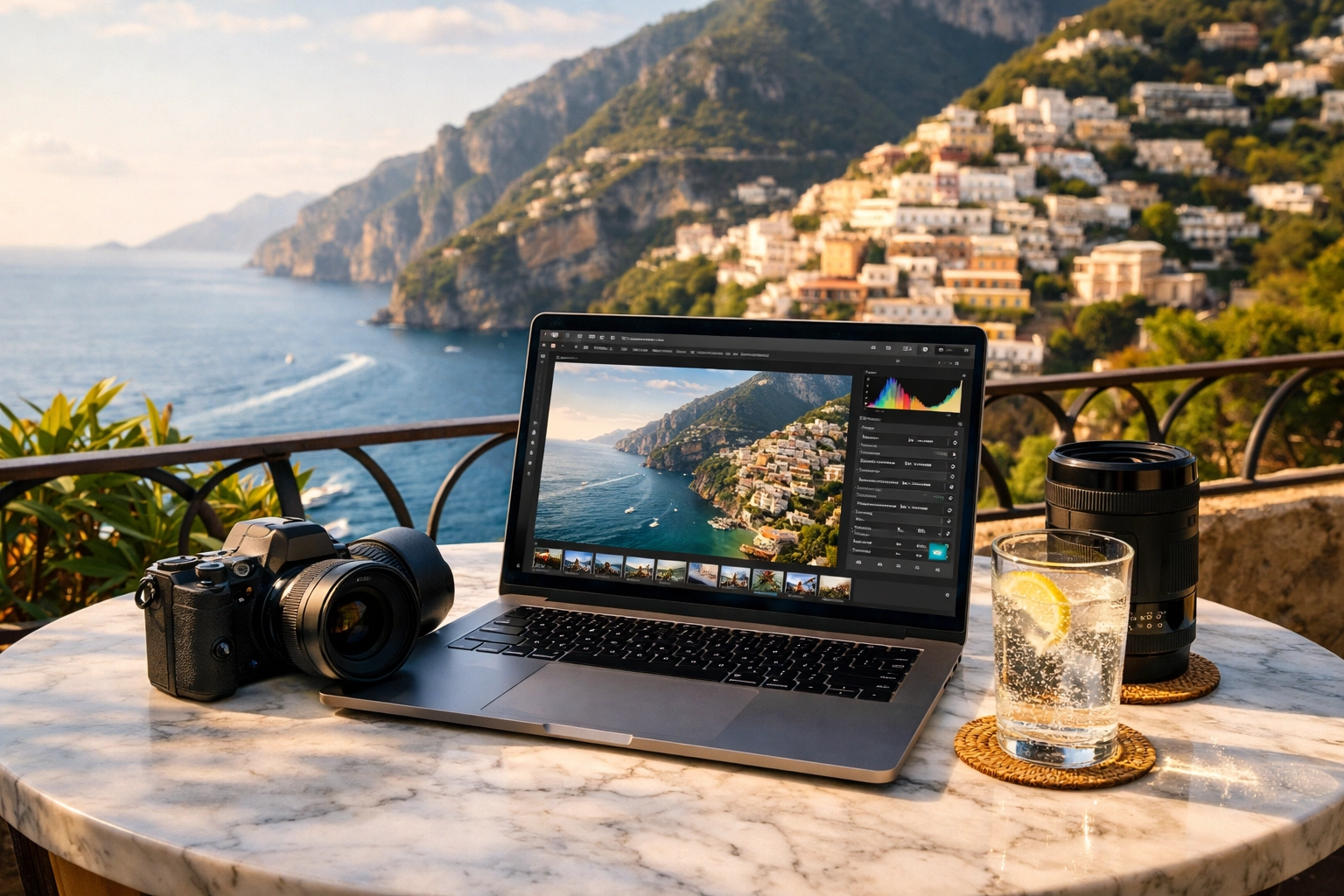 Professional photography workflow showing AI-powered mirrorless features integrated with editing software.