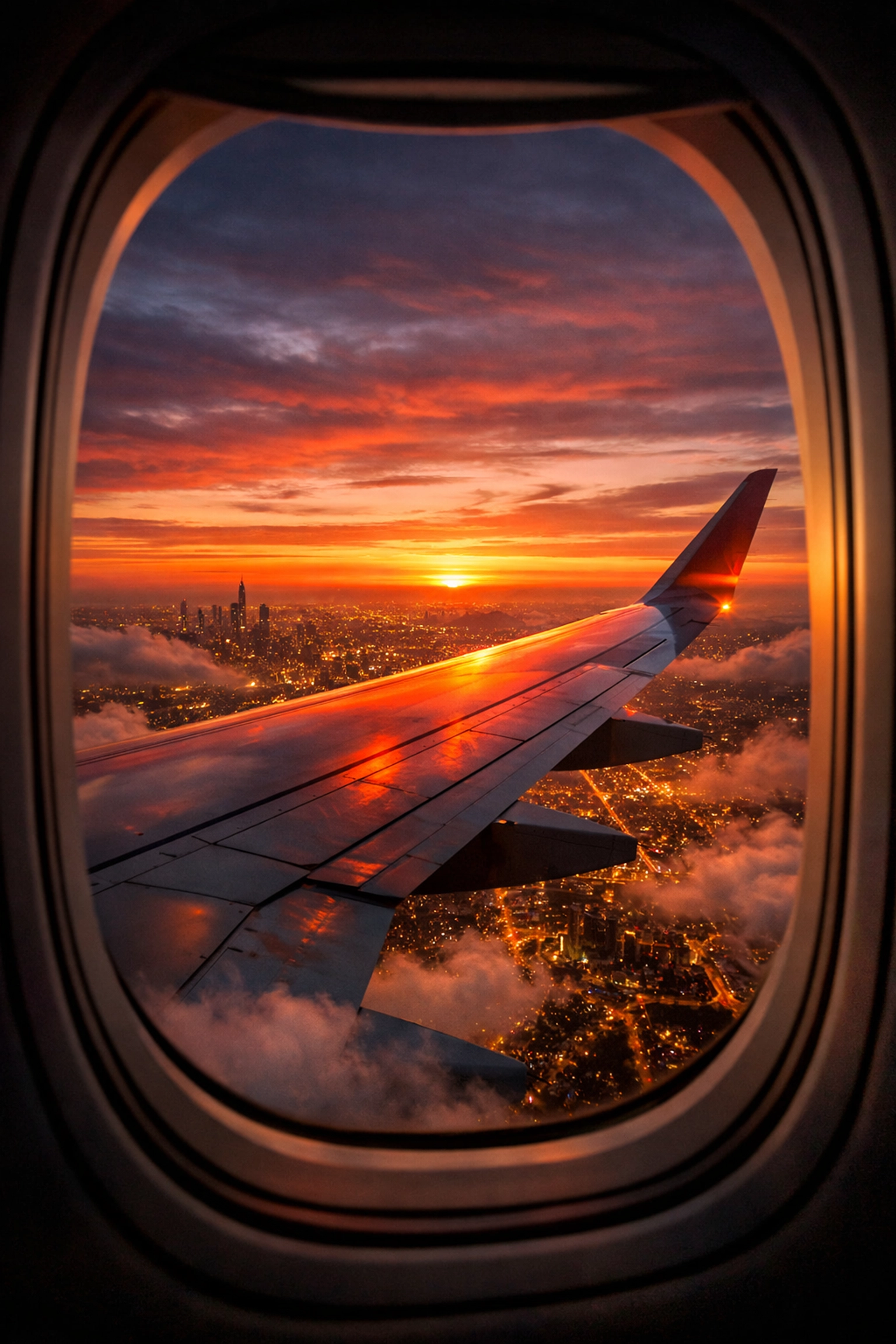 Sunset view from an airplane window over a city, representing international travel and global logistics.