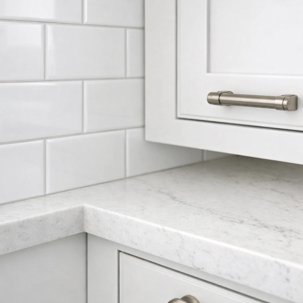Quality kitchen craftsmanship showing white cabinets, tile work, and quartz countertop detail