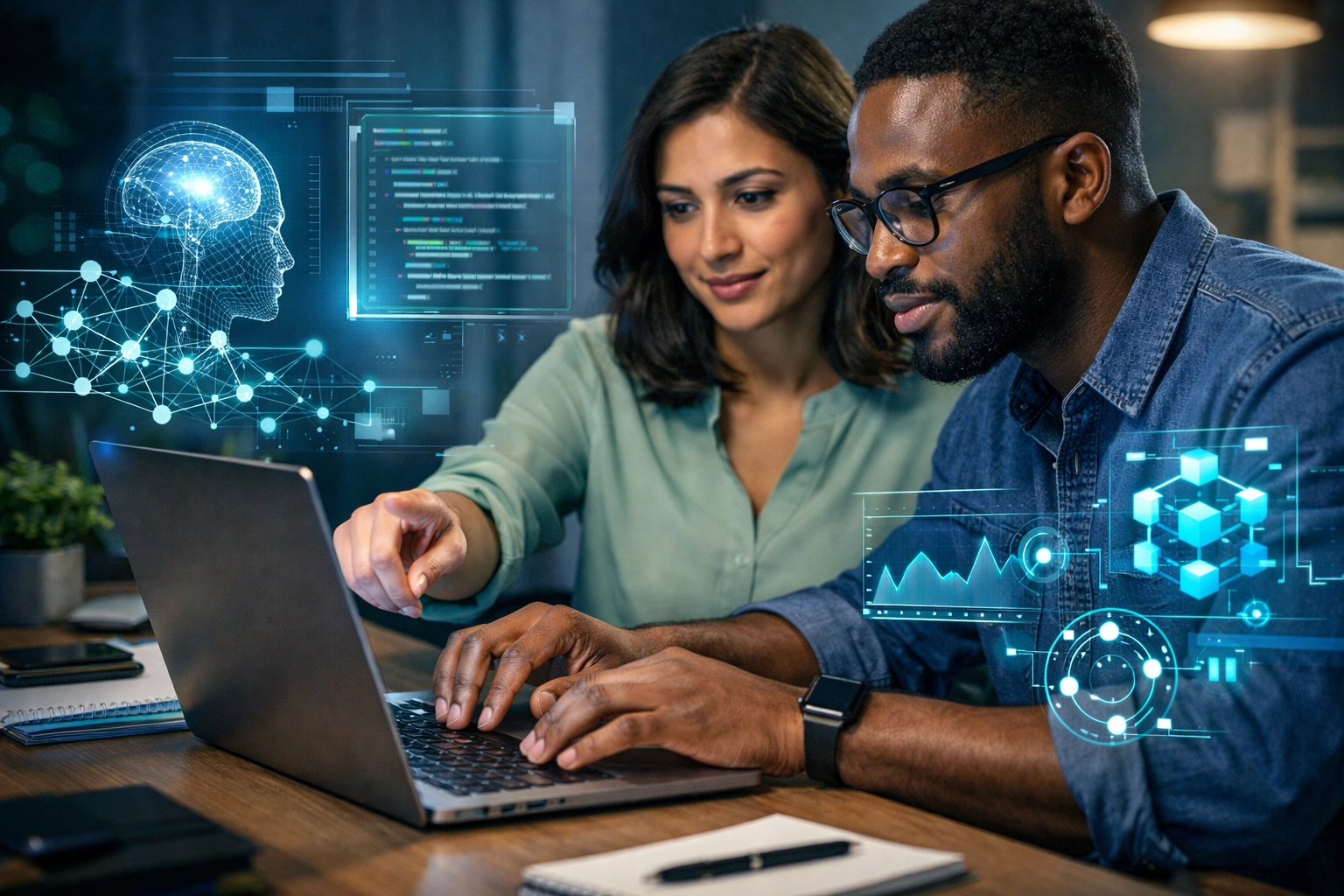 Hands typing AI prompts on laptop with digital charts, showcasing practical AI consultant skills