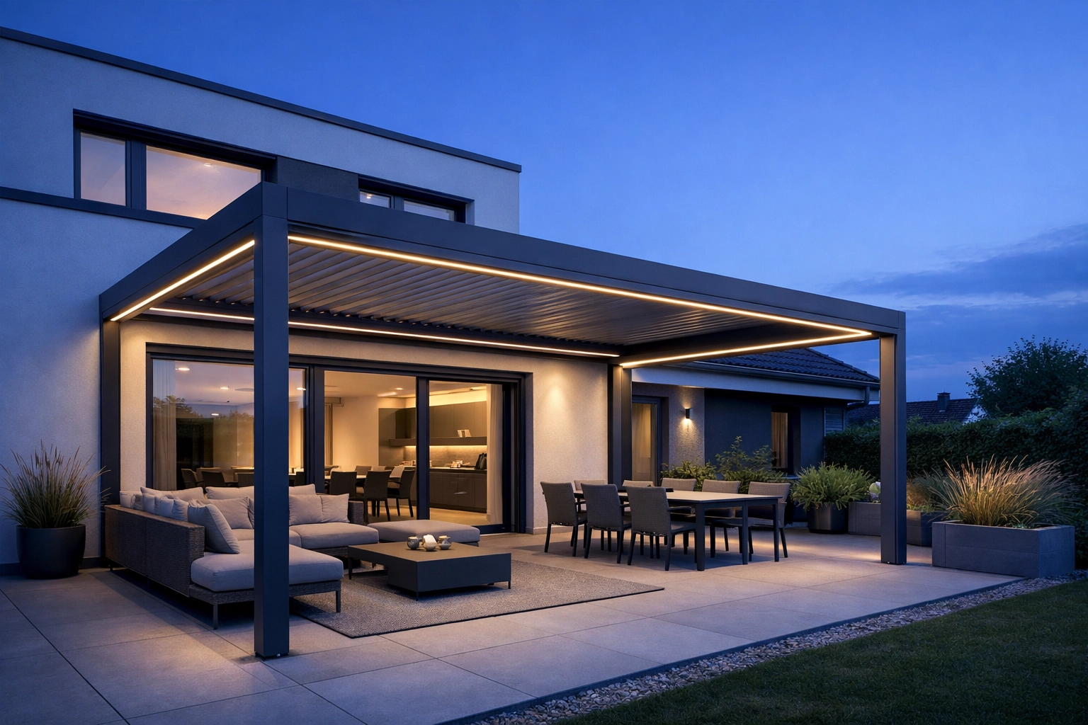 Moderne Pergola in Wien mit integrierter LED-Beleuchtung harmonisch an die Hausfassade angepasst.