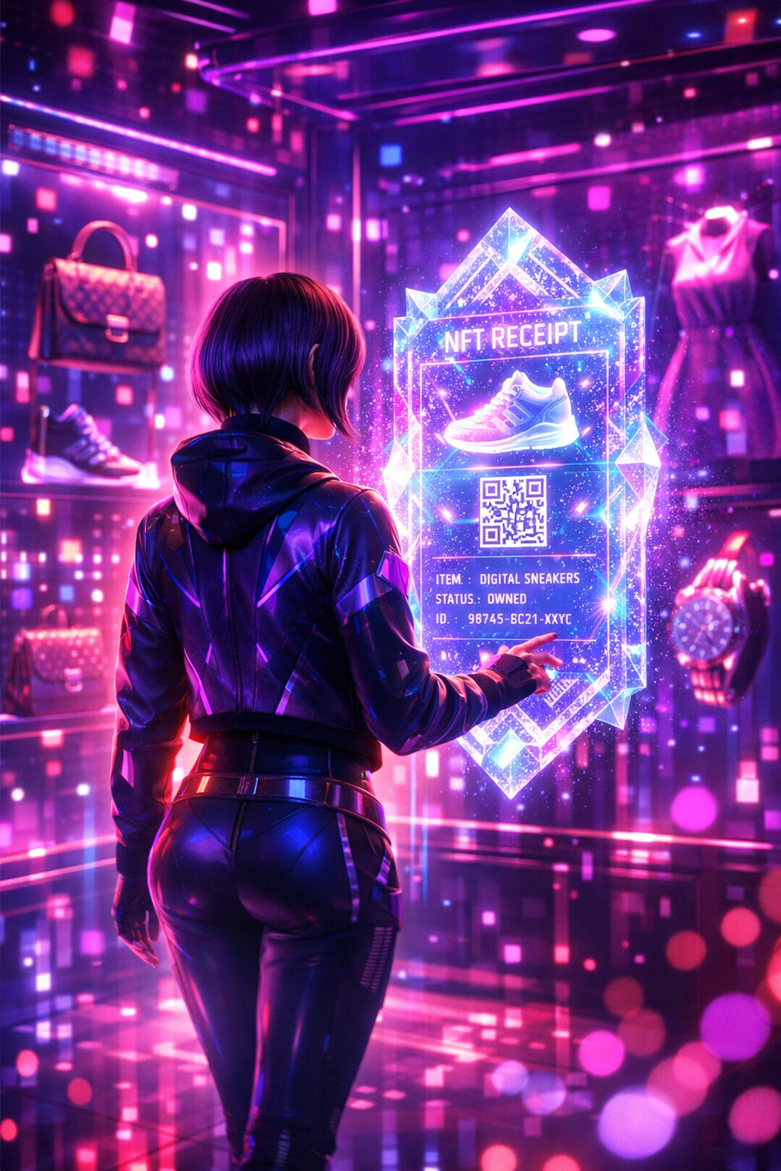 Avatar shopping in a metaverse store receiving an NFT receipt for an AI-powered Web3 crypto purchase.