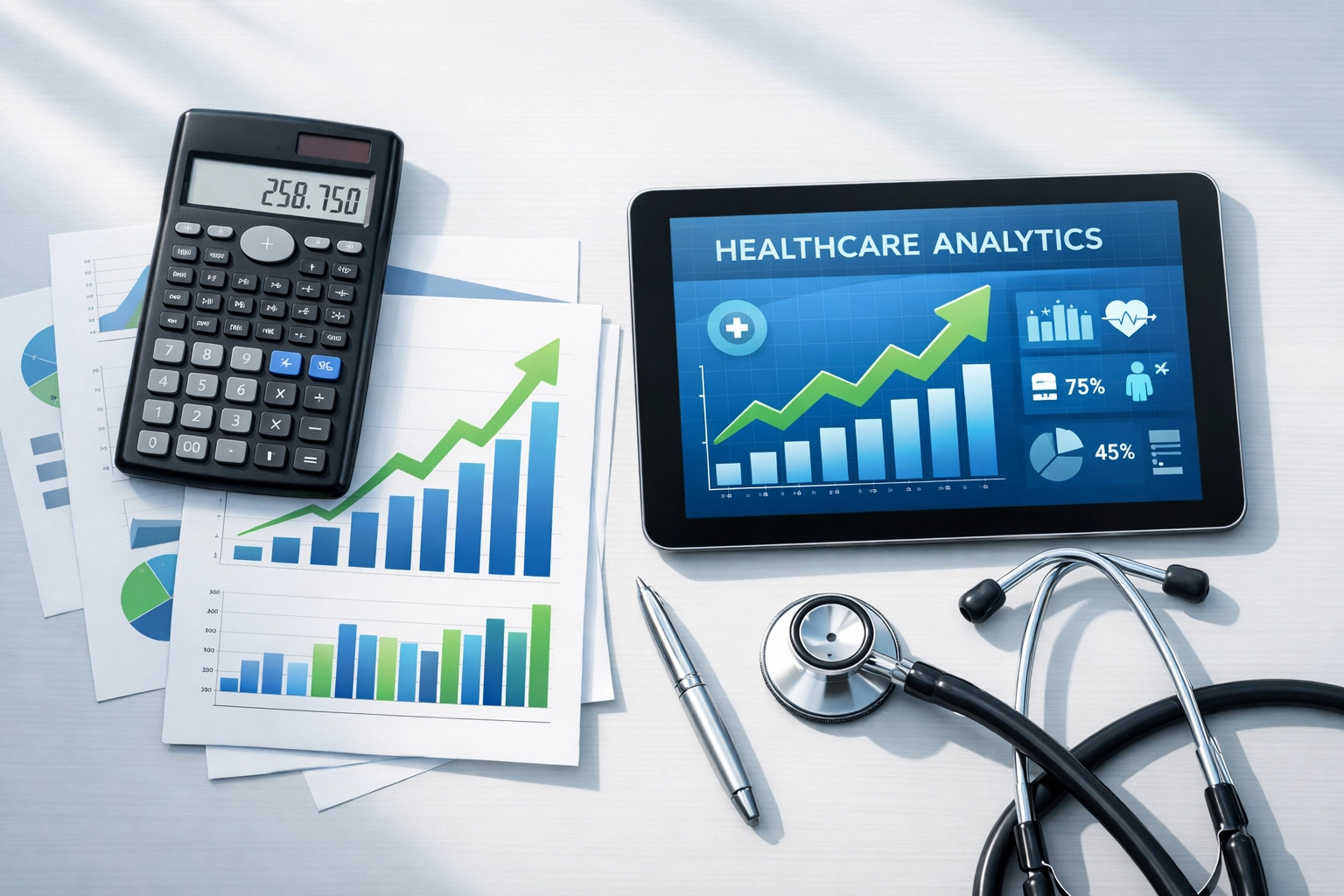 Healthcare office desk showing ROI calculations and analytics for AI documentation tools