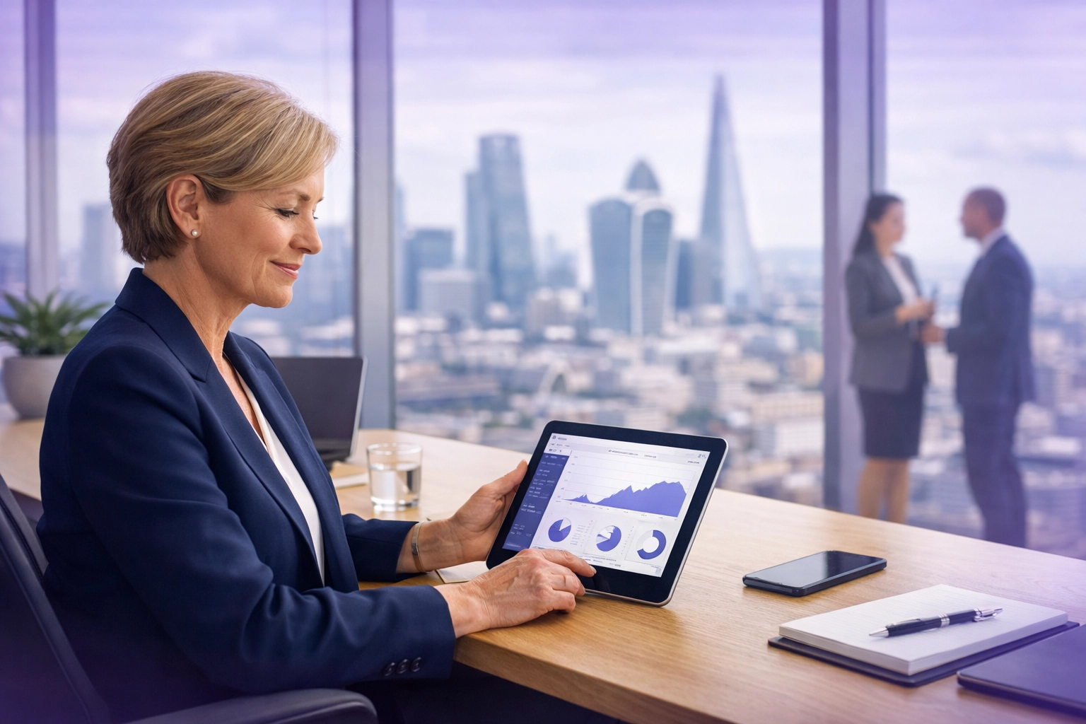 A business director reviewing a financial dashboard in a modern office to optimize internal processes.