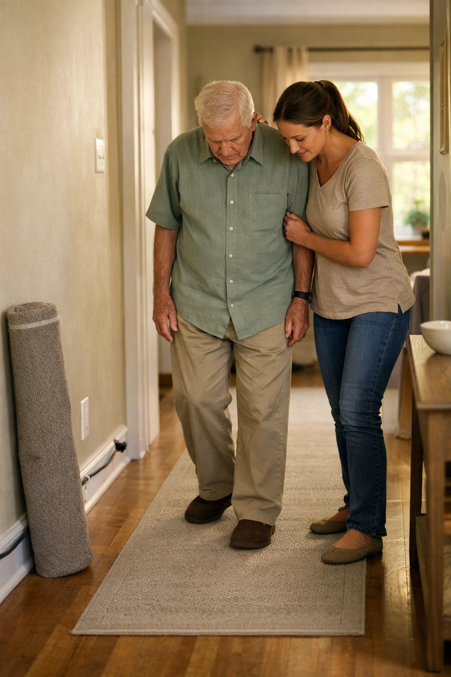 Caregiver assisting a senior in a decluttered hallway to demonstrate fall prevention with in-home care.