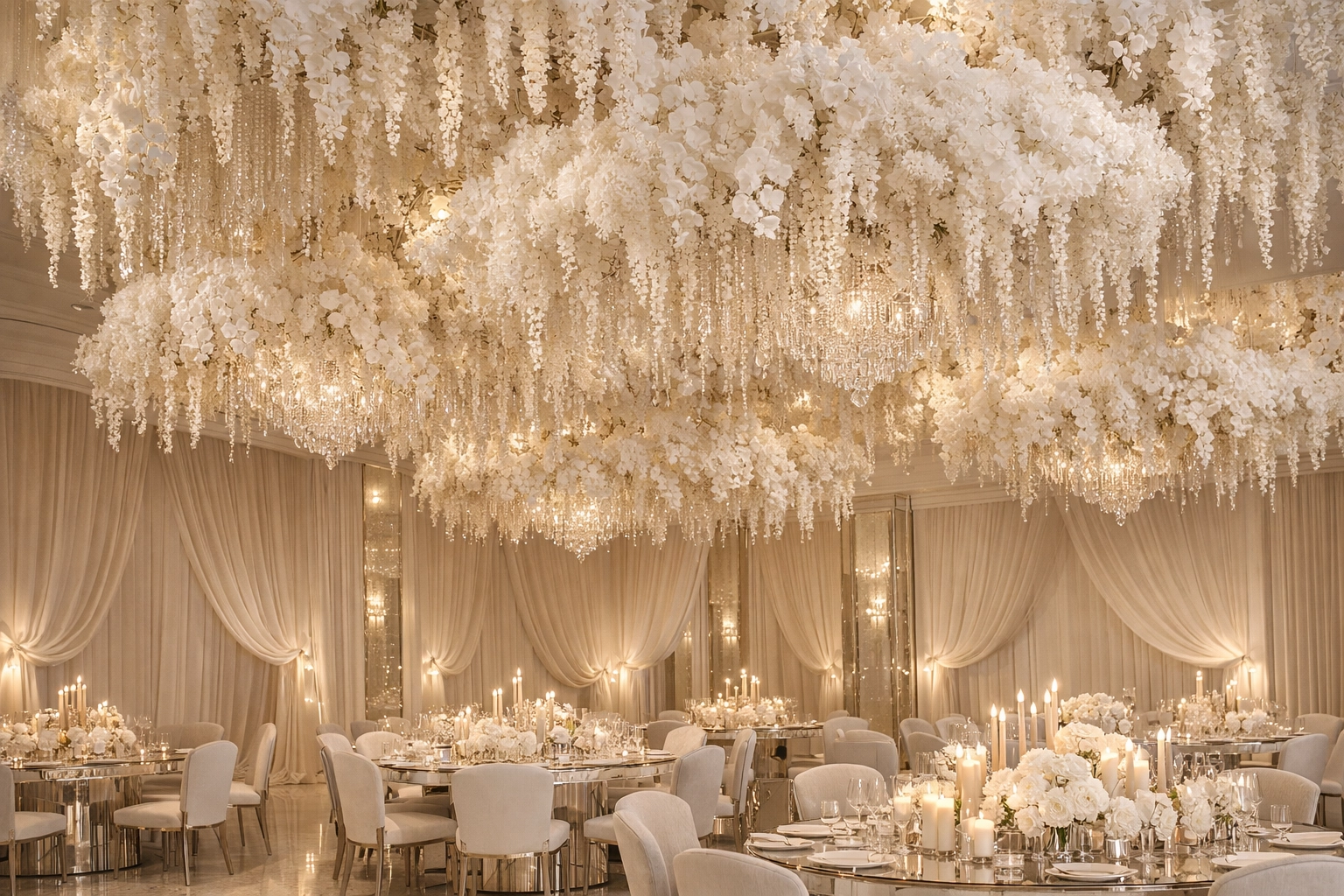 High-end floral ceiling installation with suspended white wisteria and orchid clouds in a luxury ballroom.