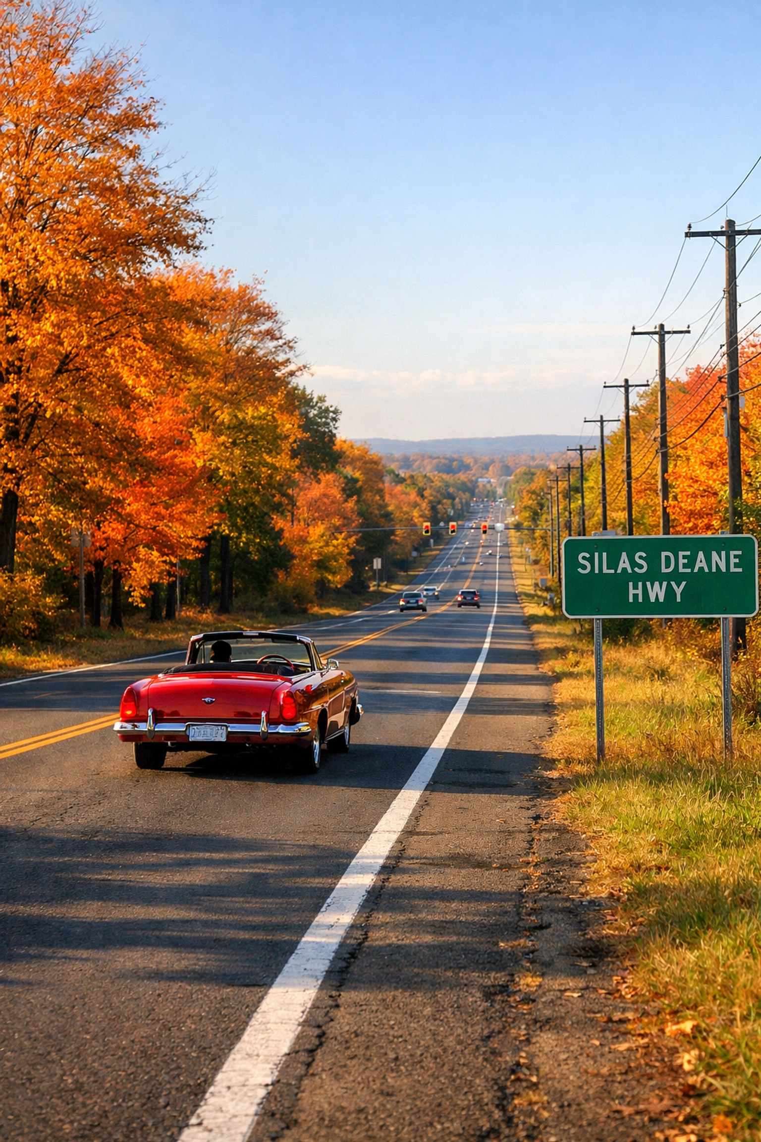 A vintage red convertible driving along the scenic Silas Deane Highway during a Connecticut autumn.