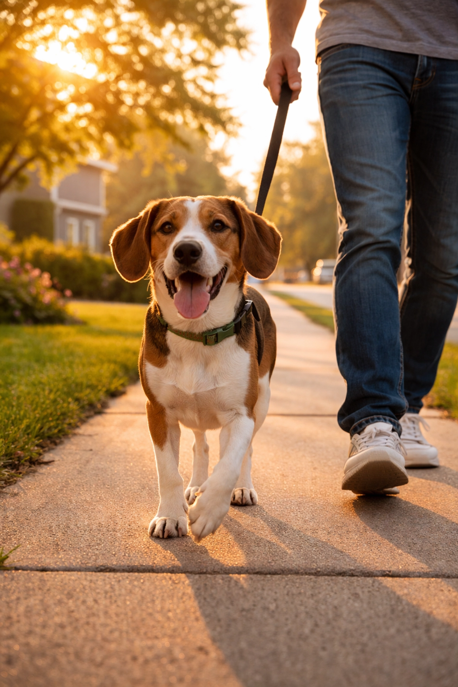 Happy rescue dog enjoying a calm morning walk with owner as part of daily exercise routine