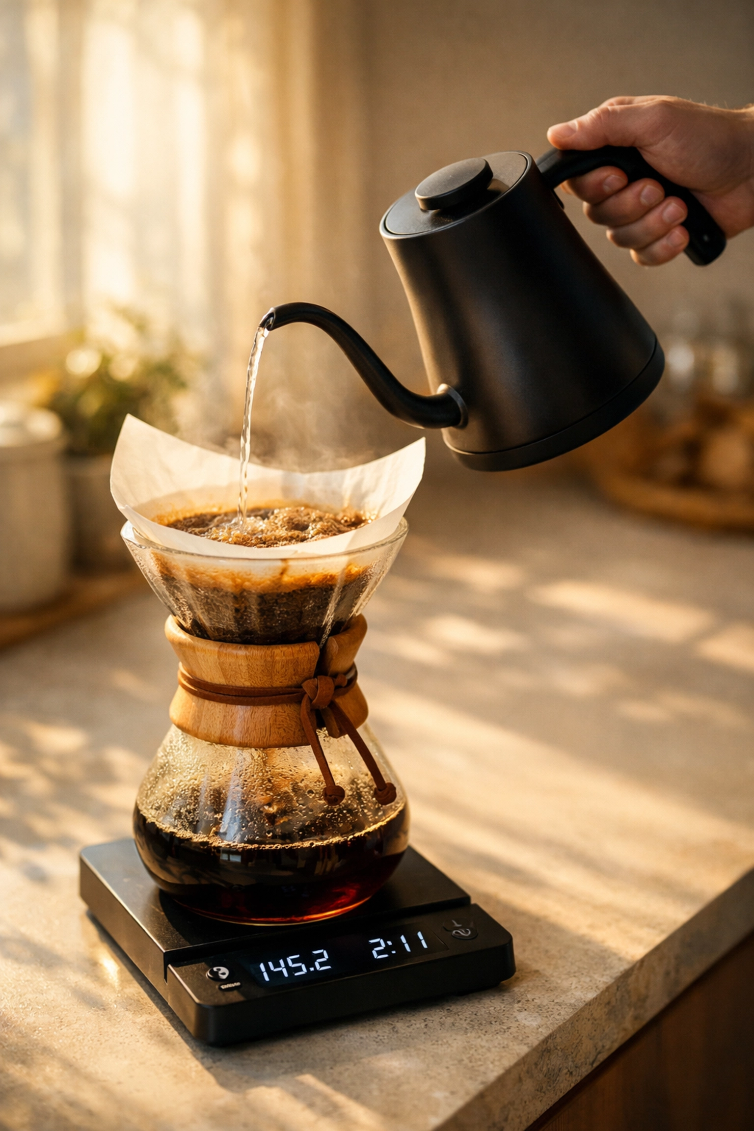 Pour-over coffee brewing setup with Chemex brewer and digital scale