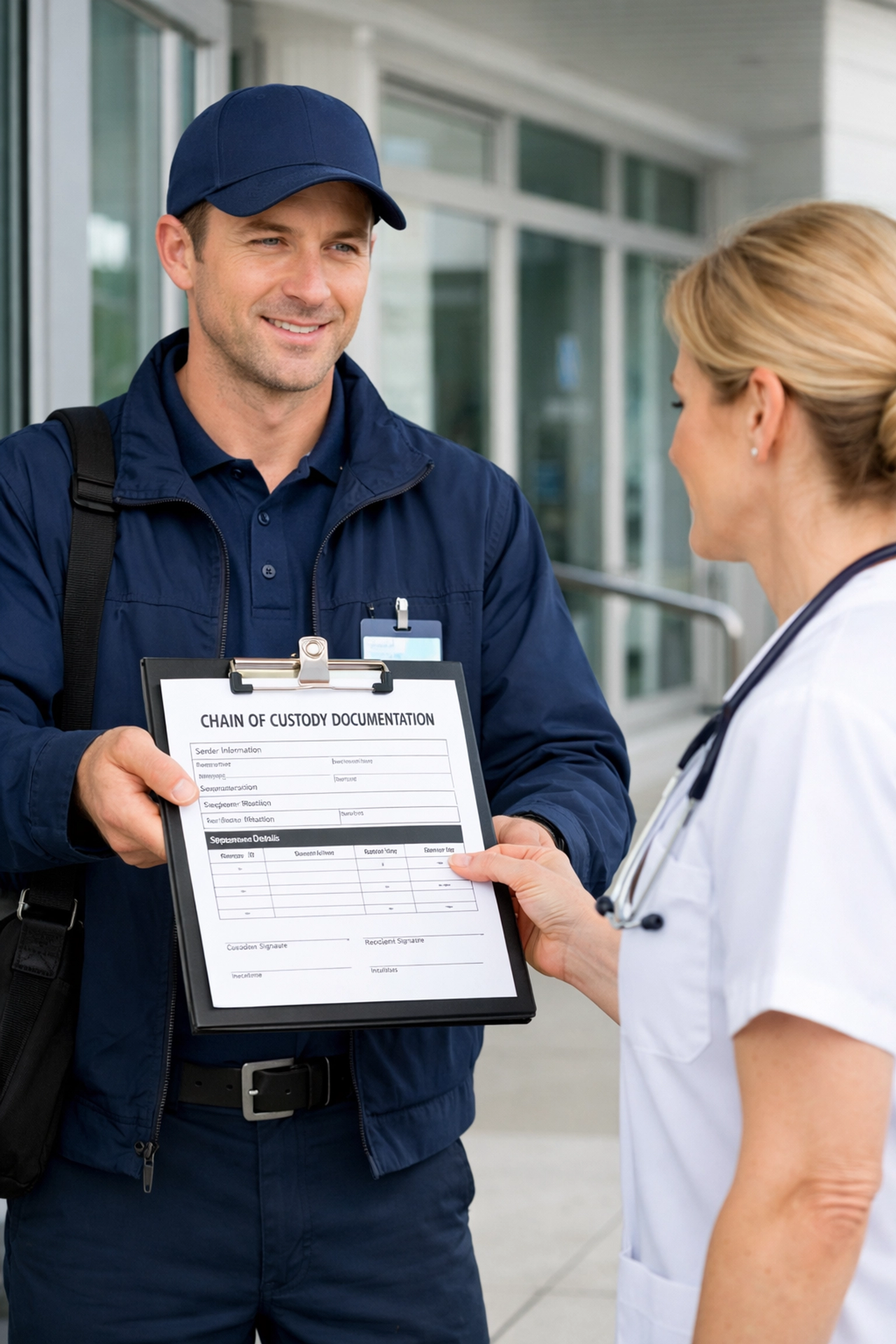 Medical courier presenting chain of custody documentation to healthcare worker at facility