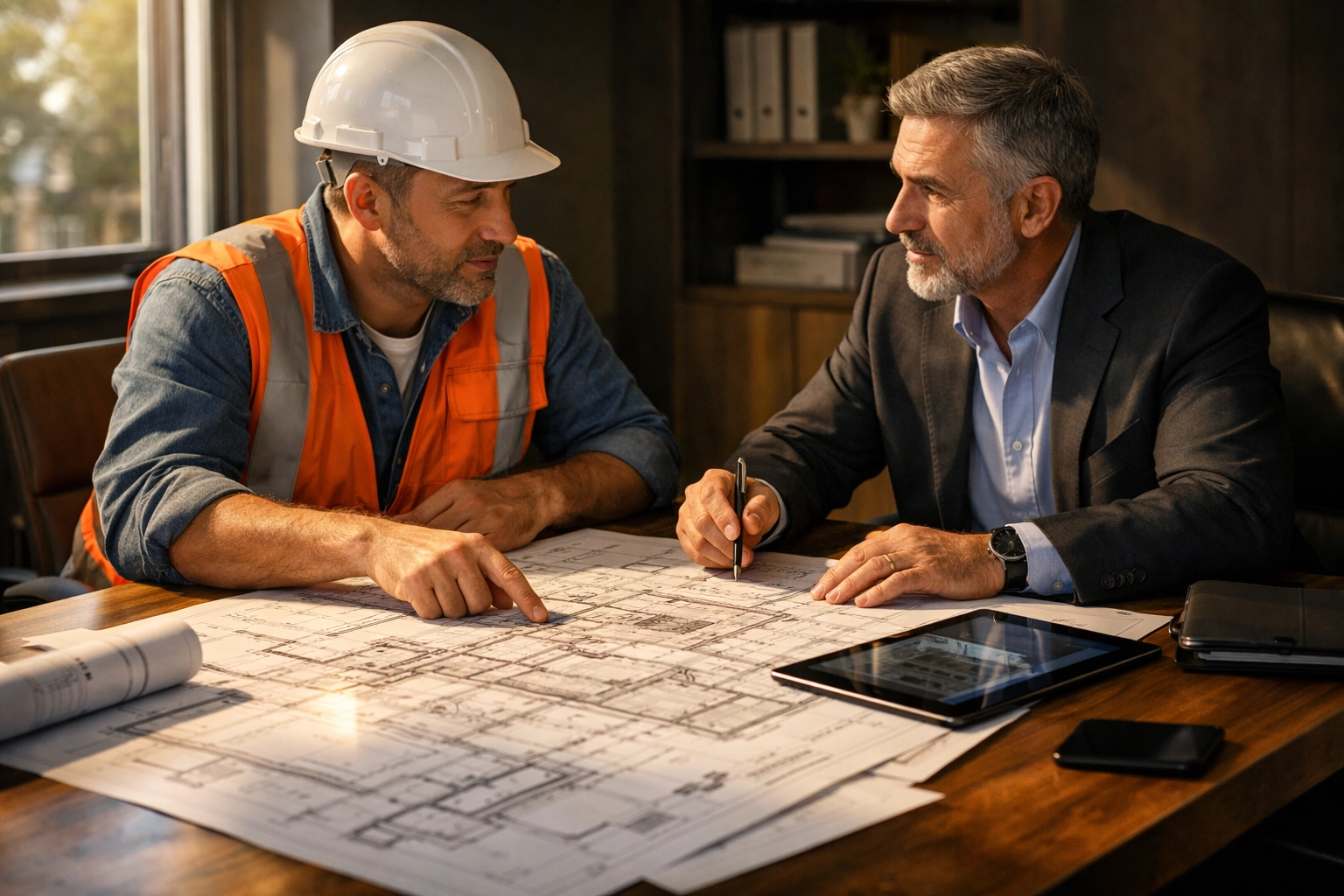 A professional builder and building control inspector reviewing architectural plans for a home extension.