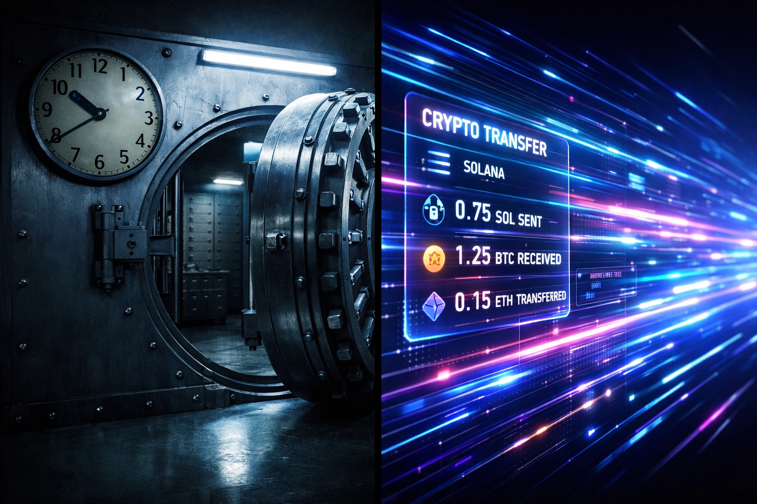 Comparison of traditional slow payment settlement versus fast Solana crypto transactions