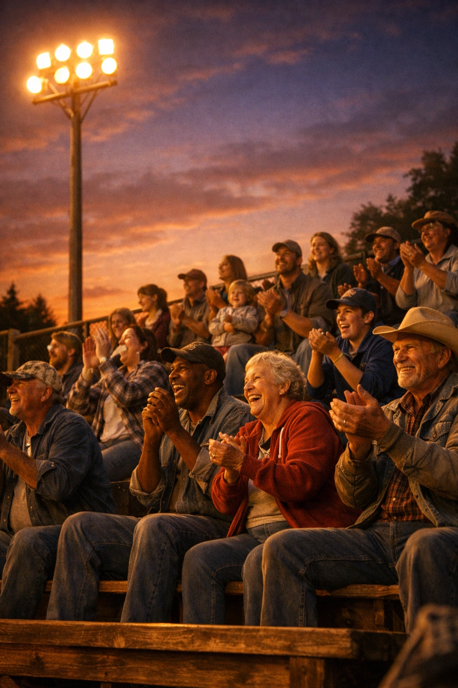 Local community fans cheering together at a small-town high school baseball game under stadium lights.