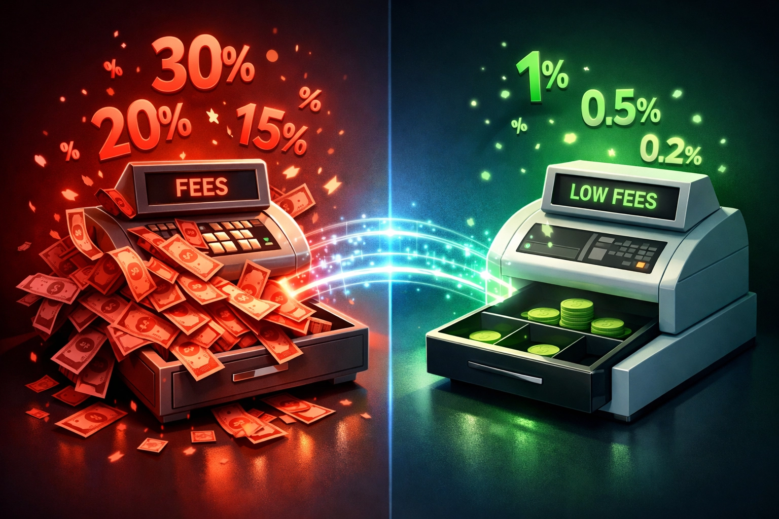 Traditional payment fees comparison showing 50% savings with Larecoin crypto payments