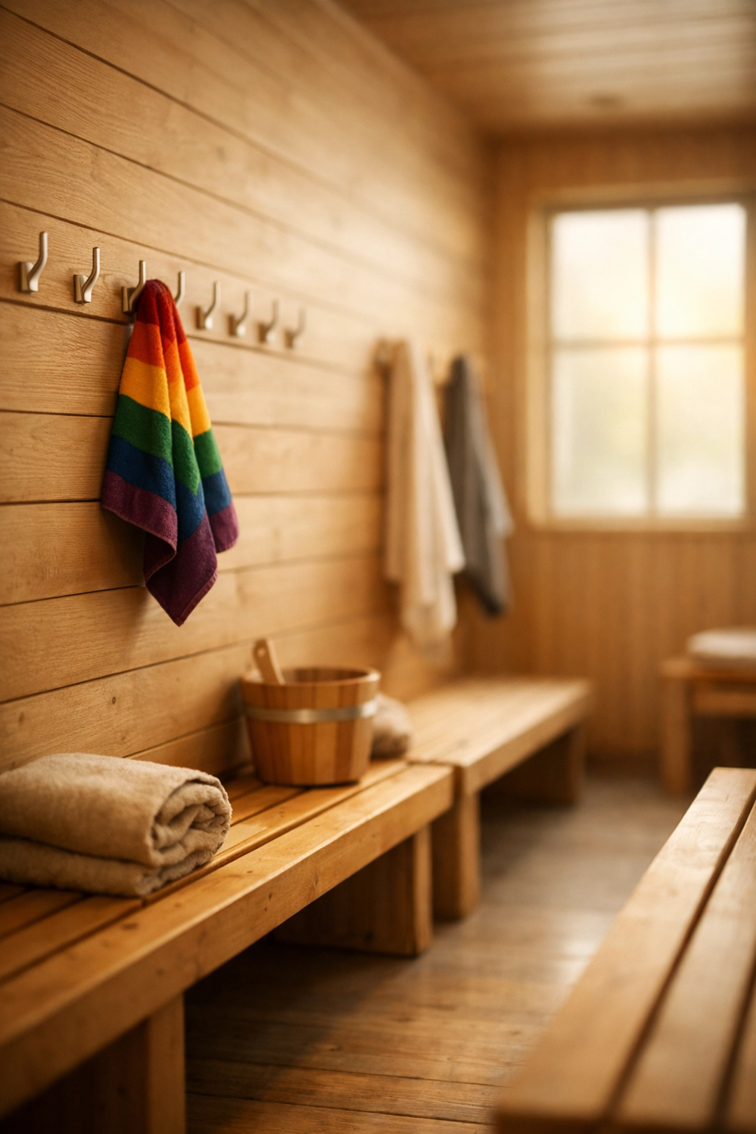 Gender-neutral sauna changing room in Helsinki with pride flag showing LGBTQ+ inclusivity