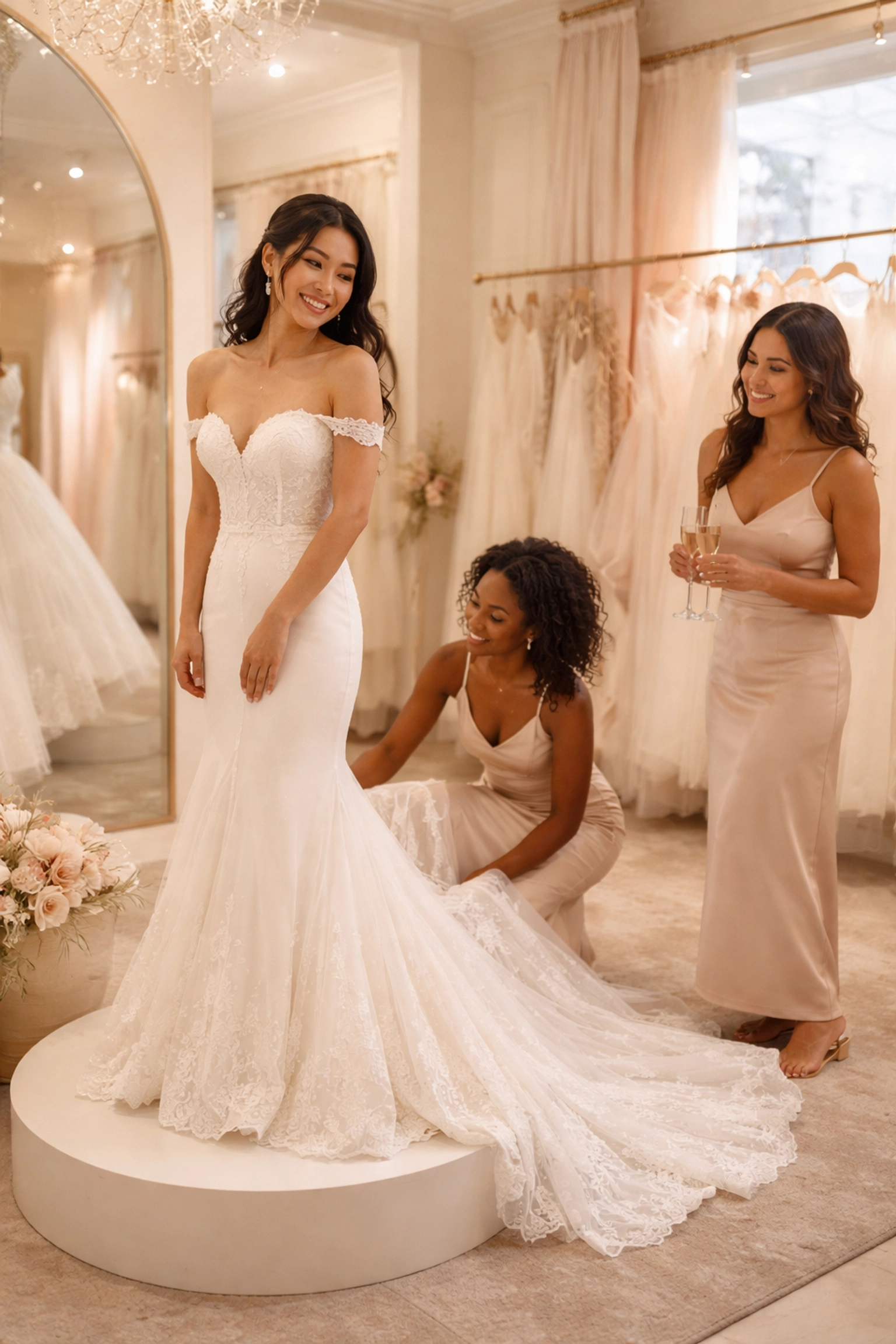 Diverse bridal party dress shopping, showcasing maid of honor helping the bride and bridesmaids supporting in a boutique.