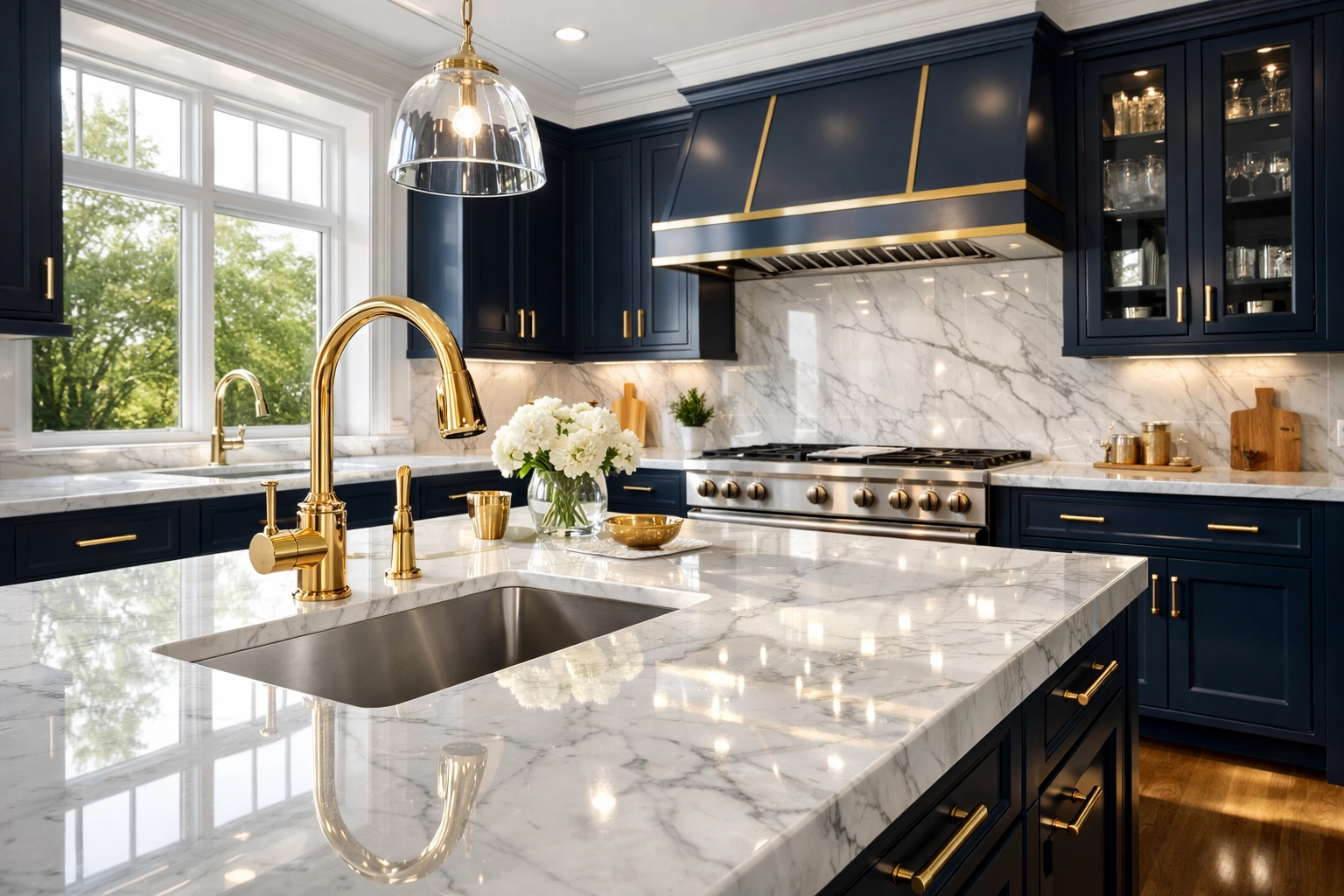 A spotless modern kitchen with marble counters after a professional deep clean from cleaning services near me.