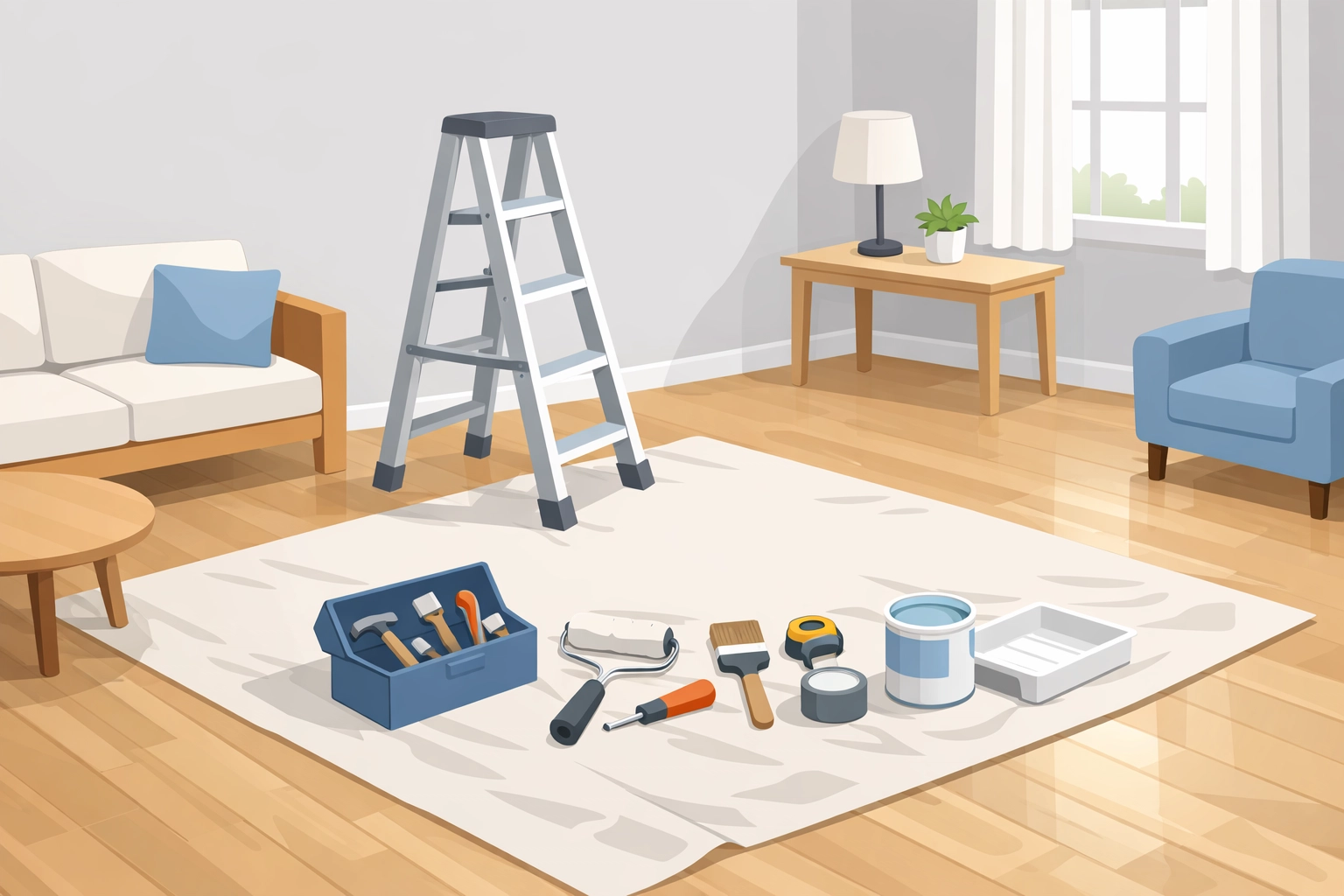 Cleared living room prepared for handyman with organized workspace and tools