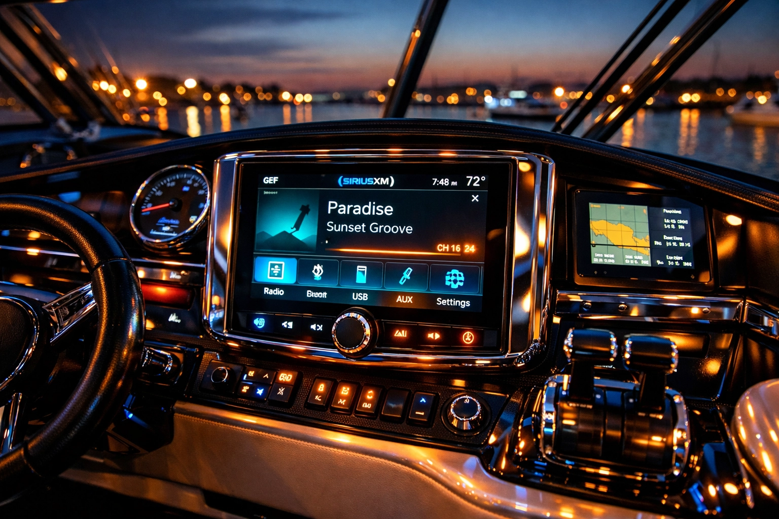 Modern touchscreen marine source unit installed in a luxury boat cockpit at twilight.