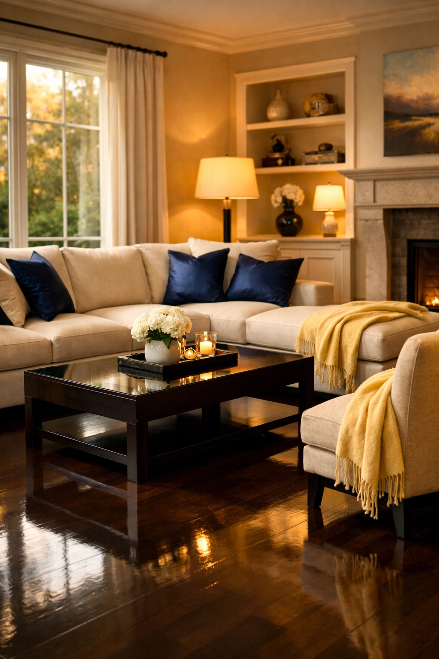 Clean luxury living room in Wellesley MA with polished hardwood floors and tidy furniture.