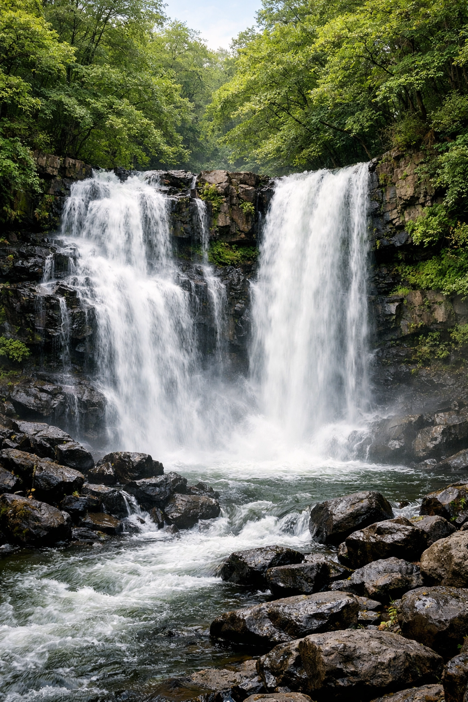 The double waterfall at Stock Ghyll Force in Ambleside, a highlight of Lake District hiking.