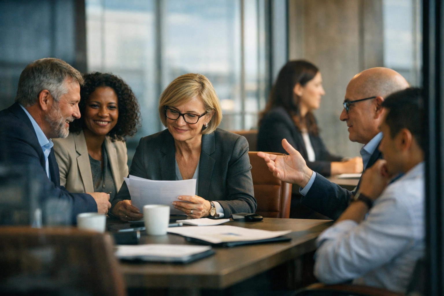 Diverse leadership team collaborating in modern office conference room discussing workplace culture