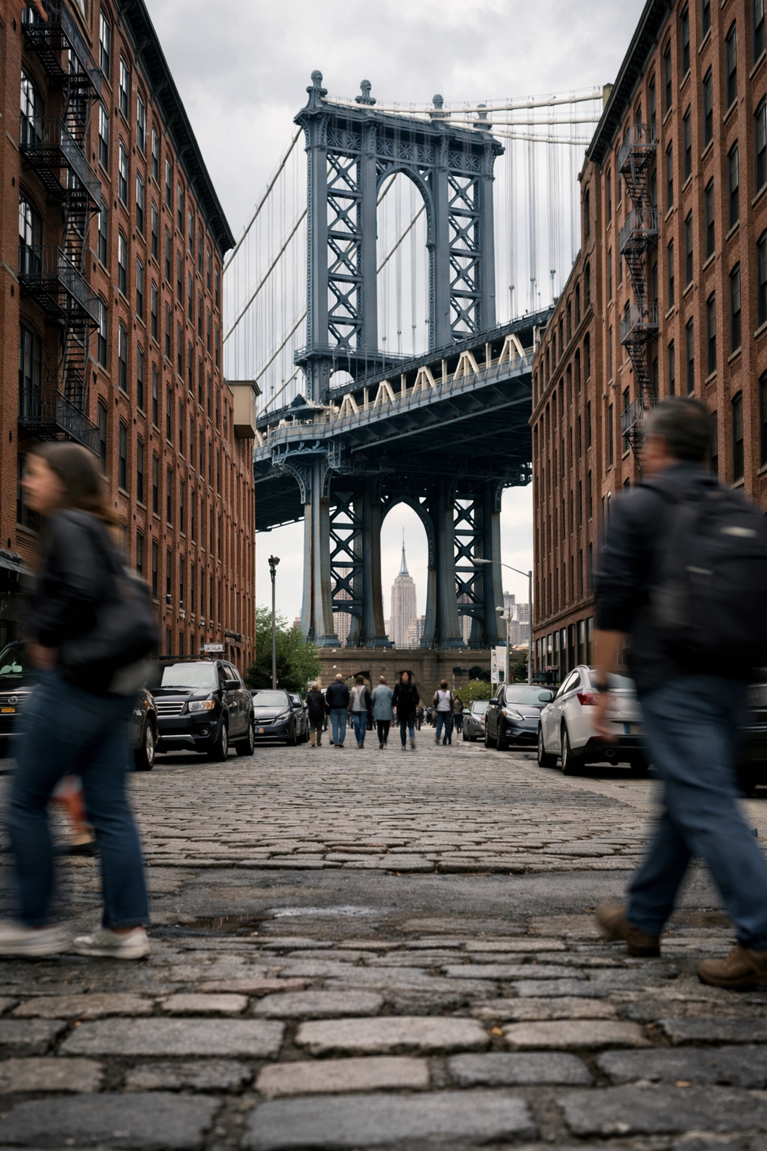 Iconic view of the Manhattan Bridge framed by brick buildings in DUMBO, one of the best NYC photo spots.