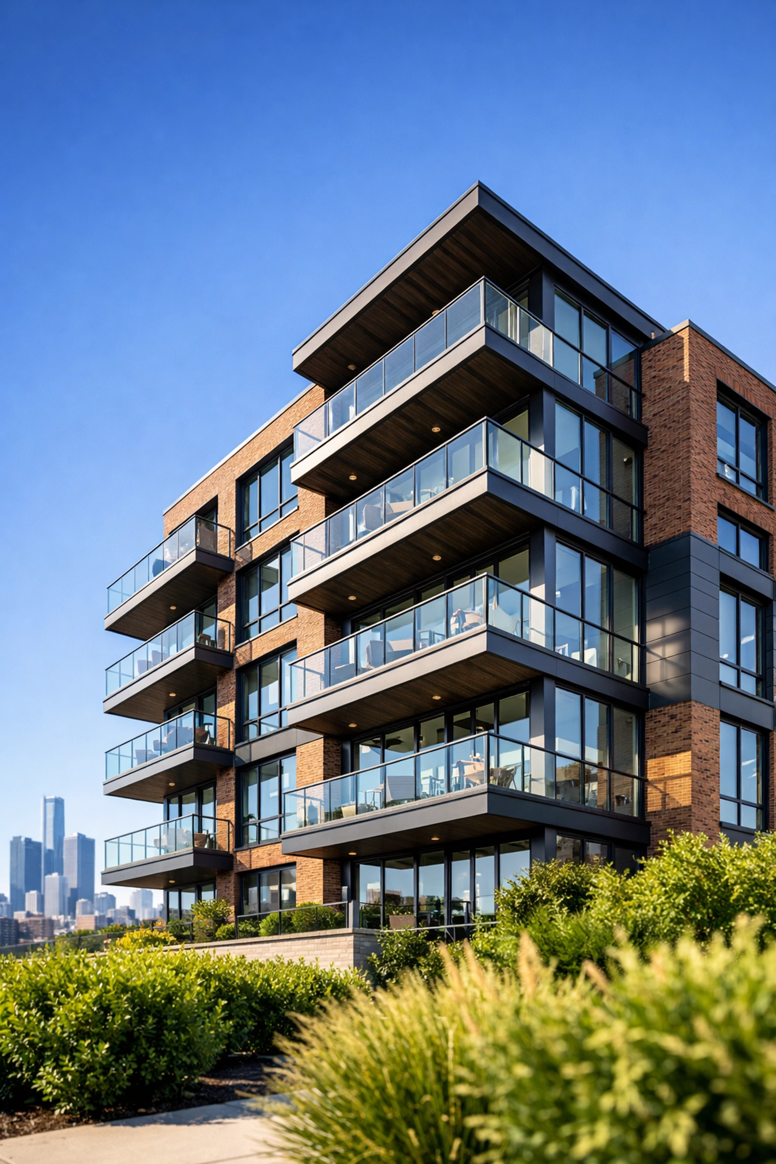 Contemporary multifamily residential building in a major Midwest metropolitan market under a clear blue sky.