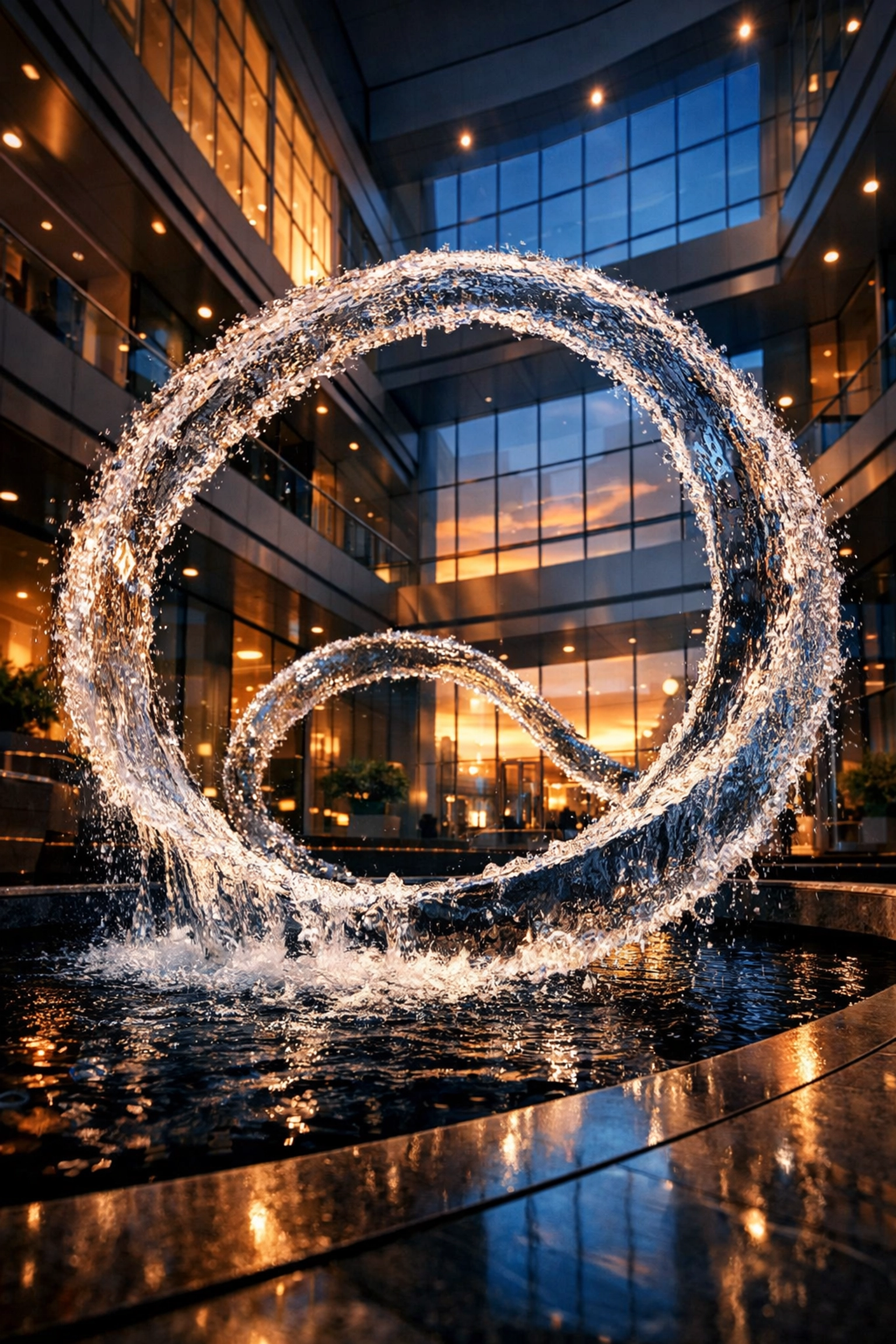 A continuous water loop in a corporate atrium symbolizing full cost recovery for employer-paid premiums.