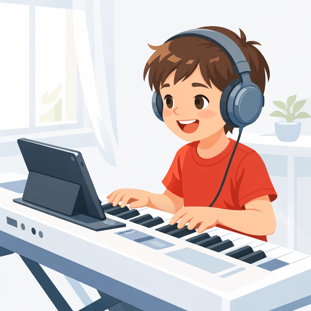 Child enjoying online piano lessons on digital keyboard with tablet and headphones