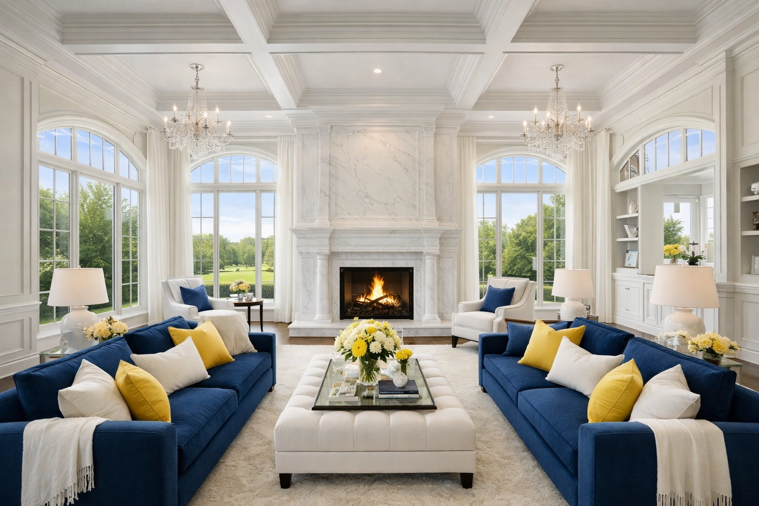 Spotless luxury living room in a Dover estate highlighting elite residential cleaning in Massachusetts.
